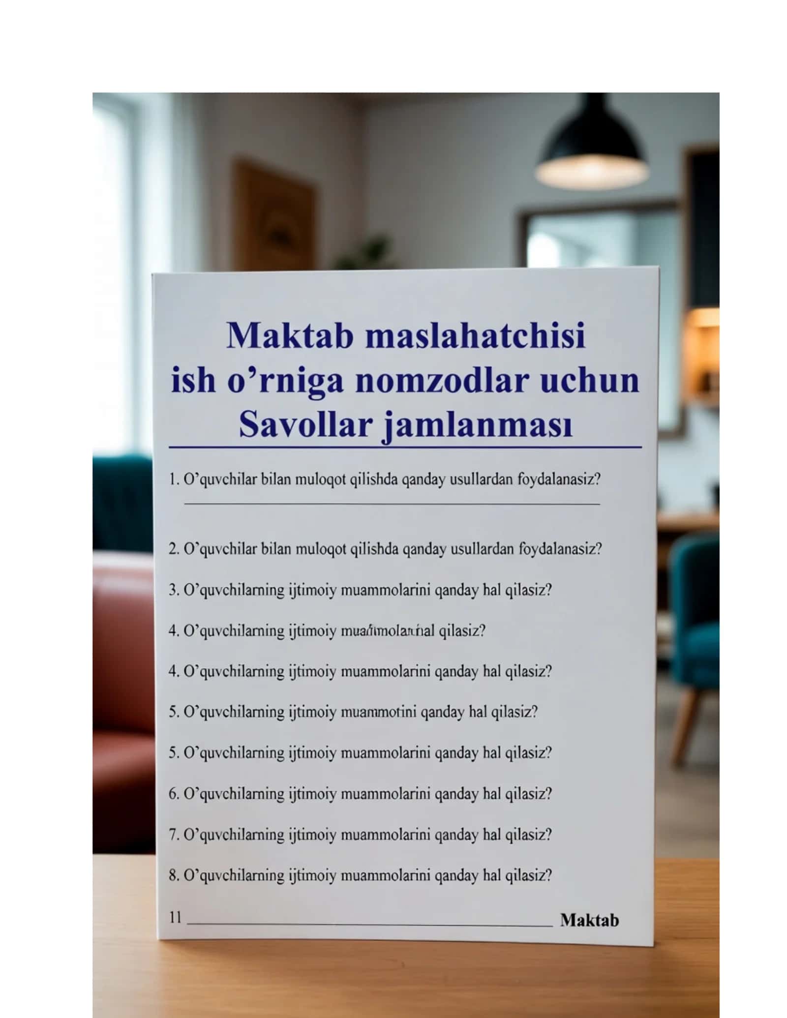 Maktab maslahatchisi lavozimi uchun imtihon savollari va javoblari 1