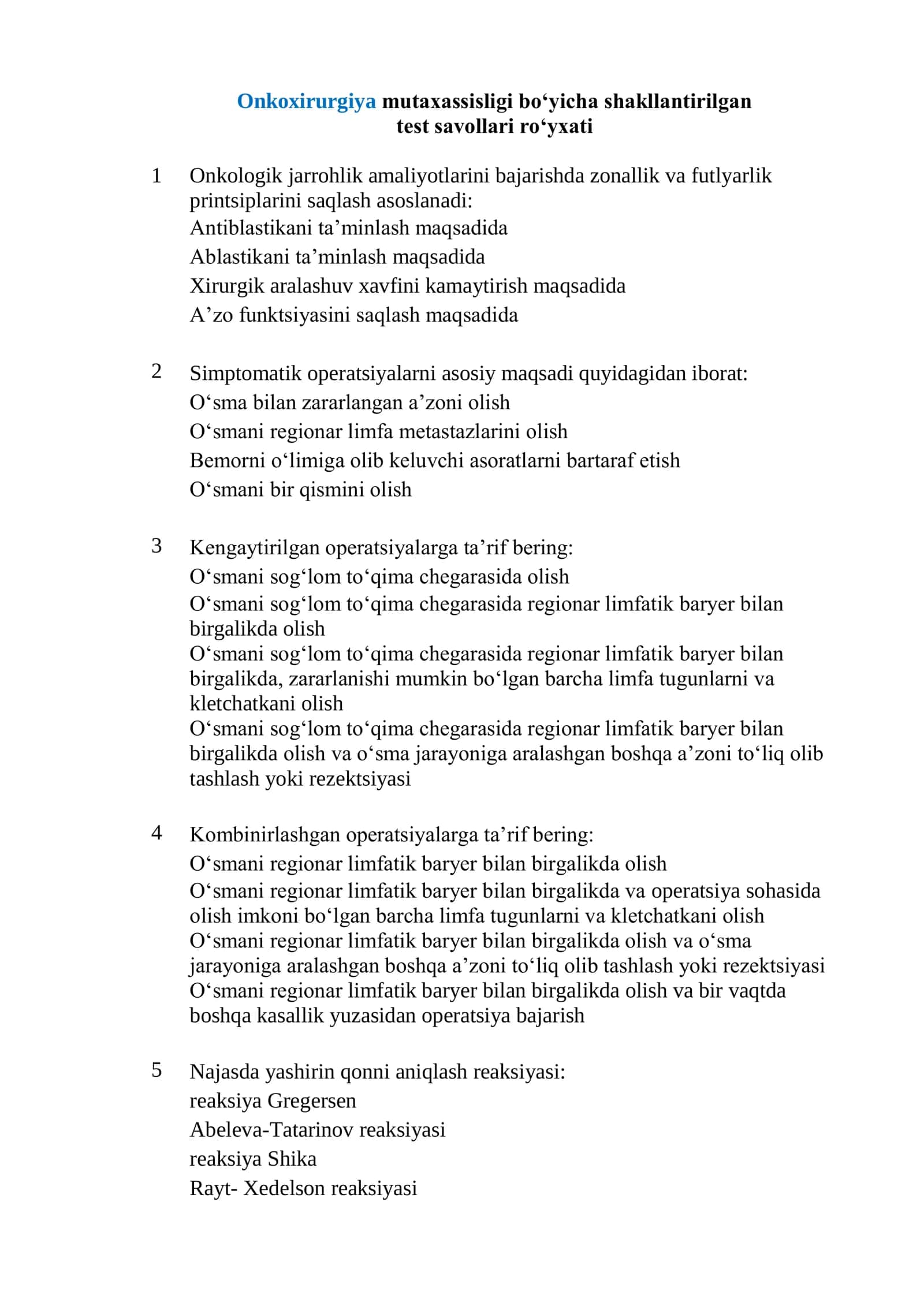 Onkoxirurgiya test savollari roʻyxati 2026 1