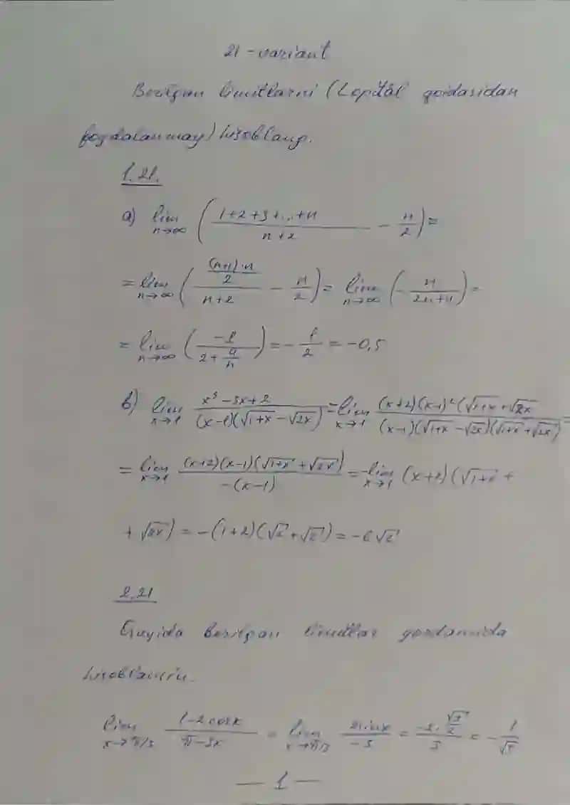 Hisob (Calculus) fanidan Mustaqil ish (Shaxsiy topshiriqlar) 21-variant javoblari - Mustaqil ish (qo'l yozma)