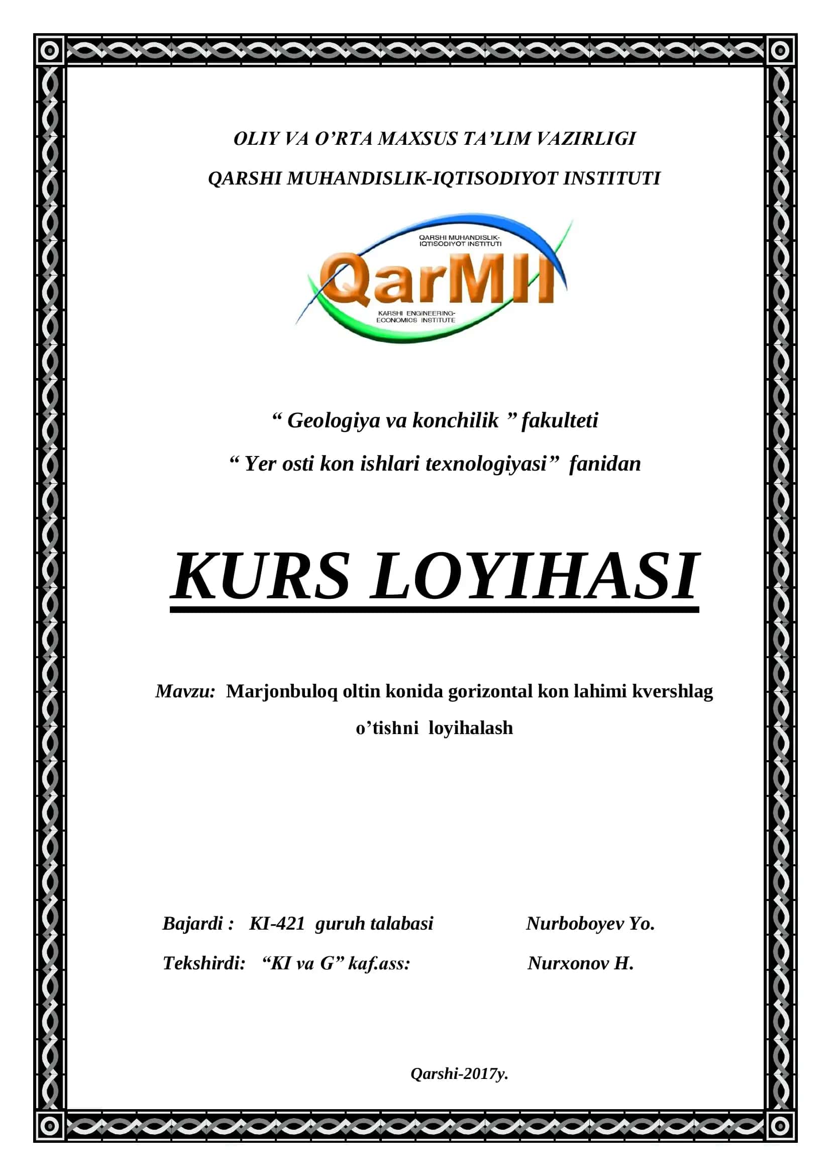 Marjonbuloq oltin konida gorizontal kon lahimi kvershlag o’tishni loyihalash 1