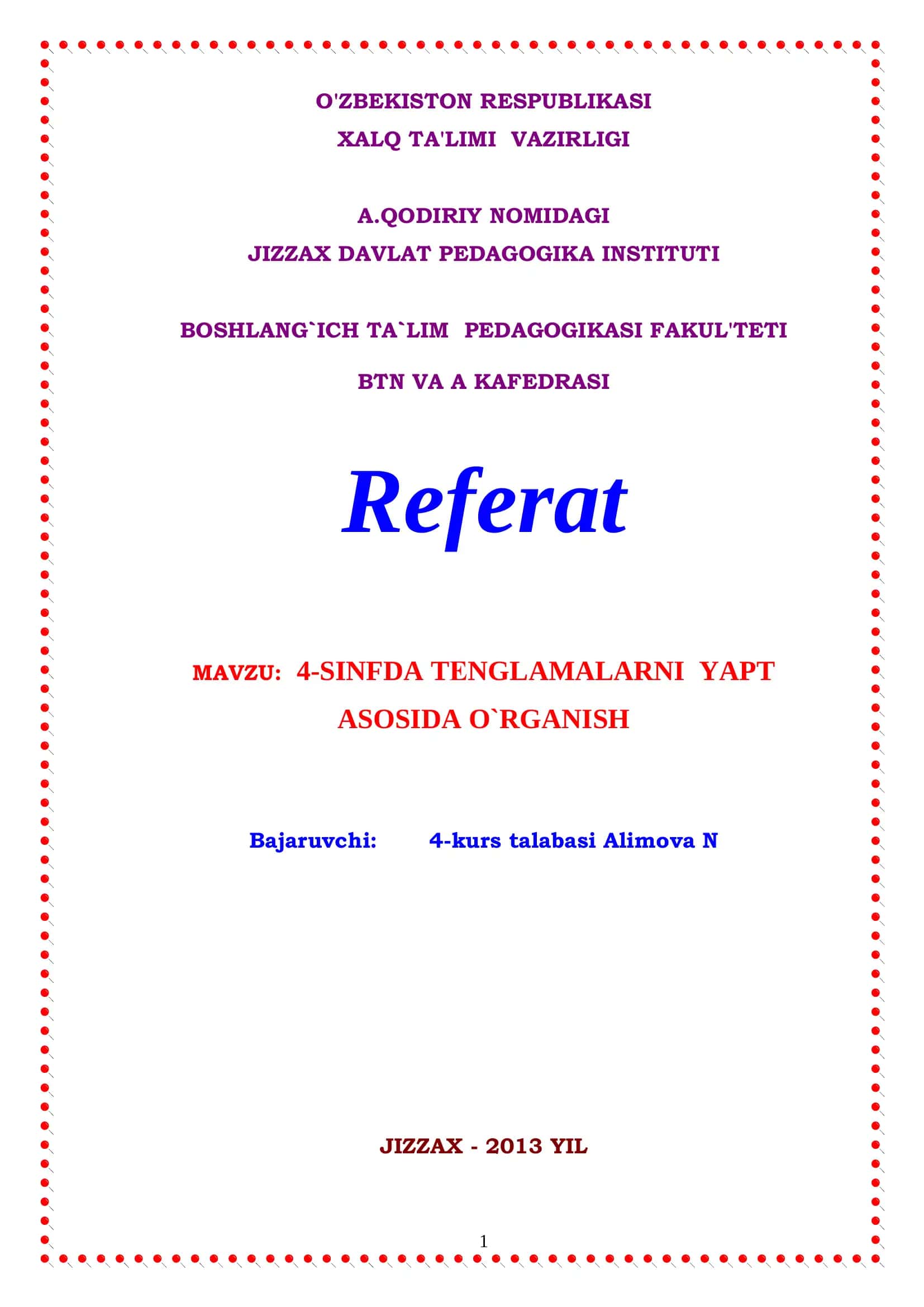 4-SINFDA TЕNGLAMALARNI YAPT ASOSIDA O`RGANISH 1