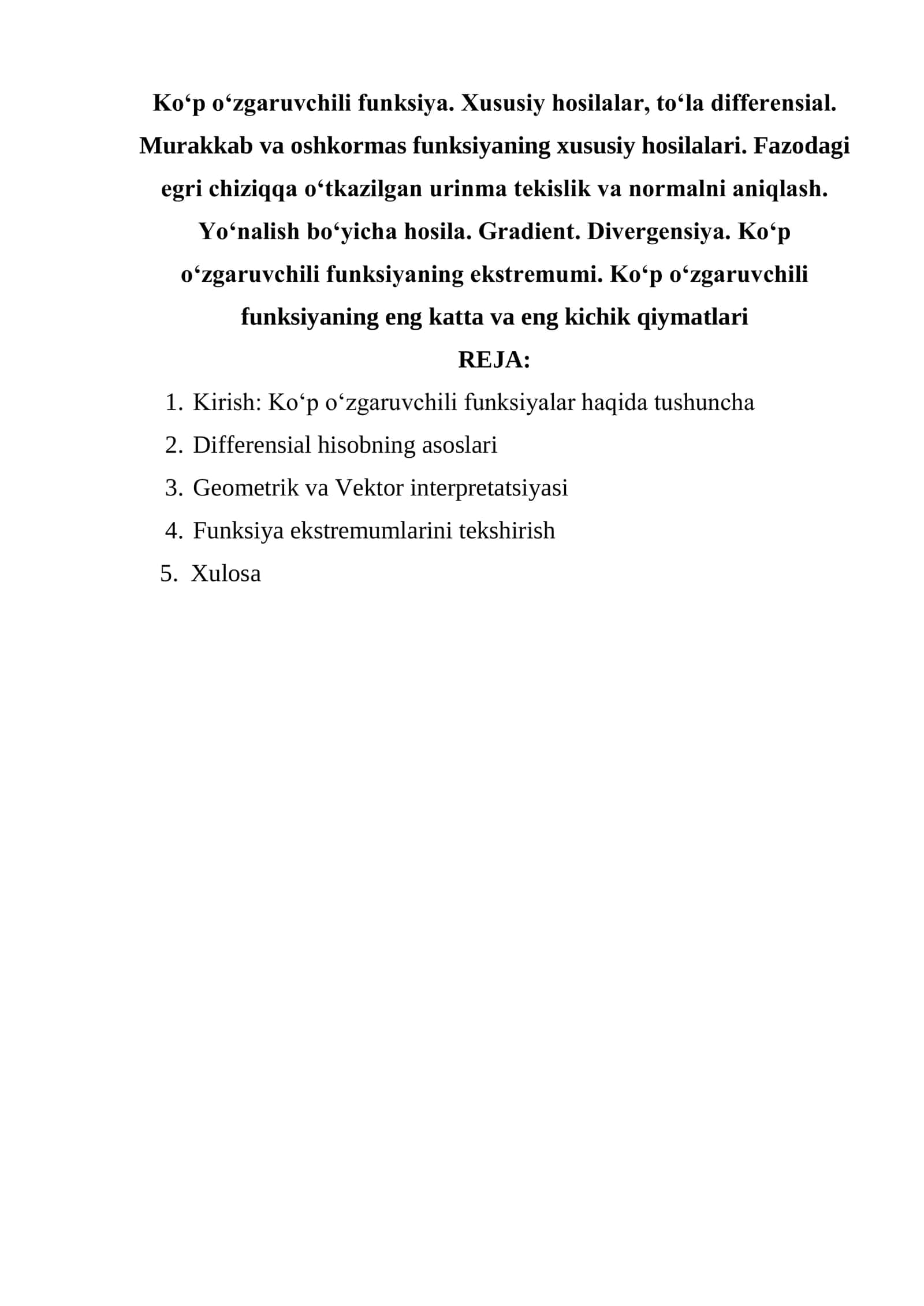 Ko‘p o‘zgaruvchili funksiya. Xususiy hosilalar, to‘la differensial 1