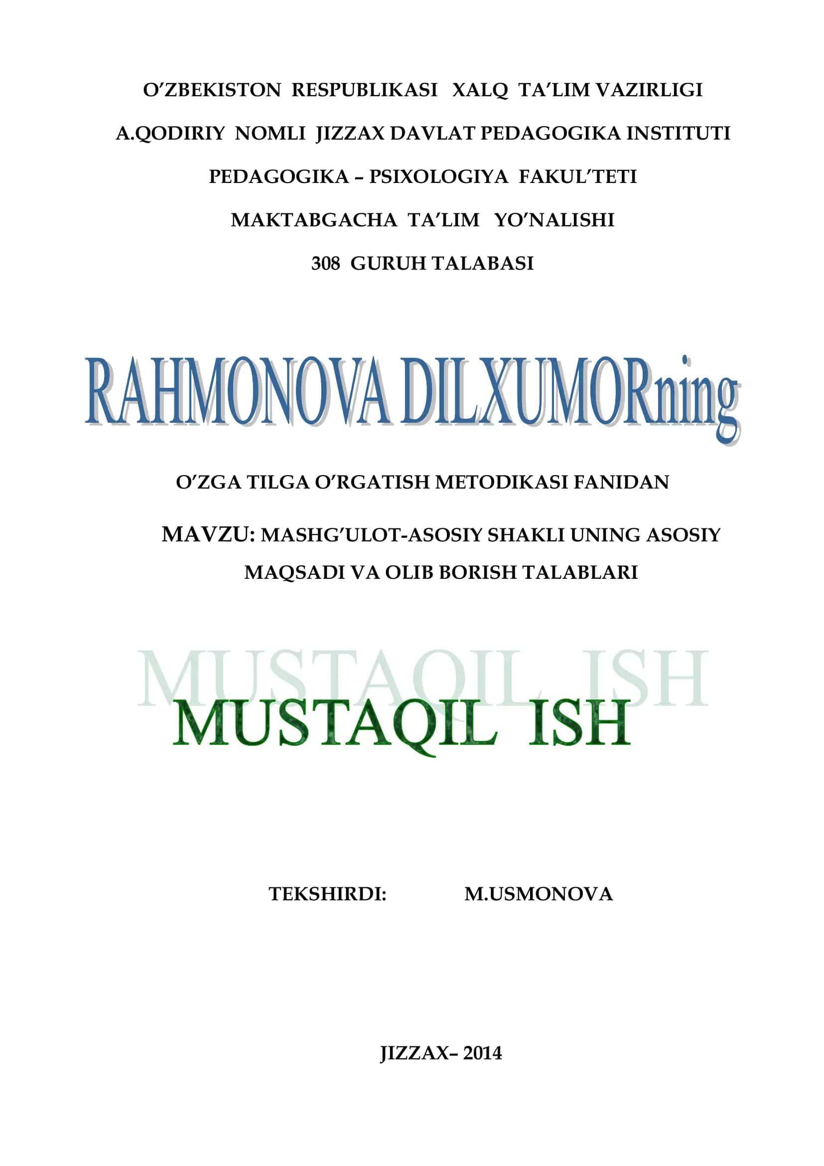 O’zga Tilga O’rgatish Metodikasi Fanidan 1