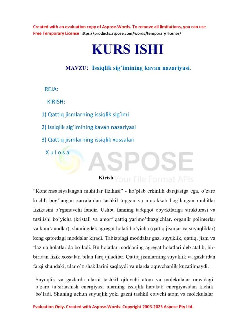 Issiqlik sig’imining kavan nazariyasi. 1
