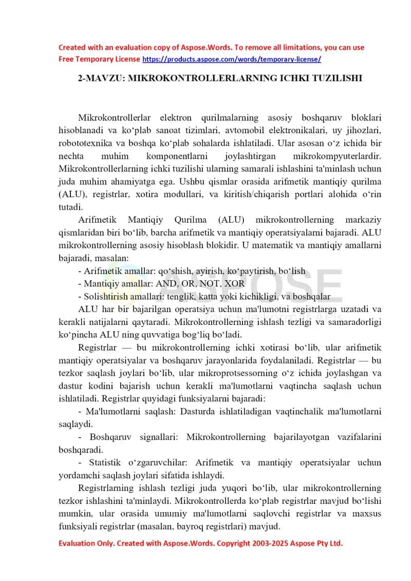 Mikrokontrollerlarning ichki tuzilishi 1