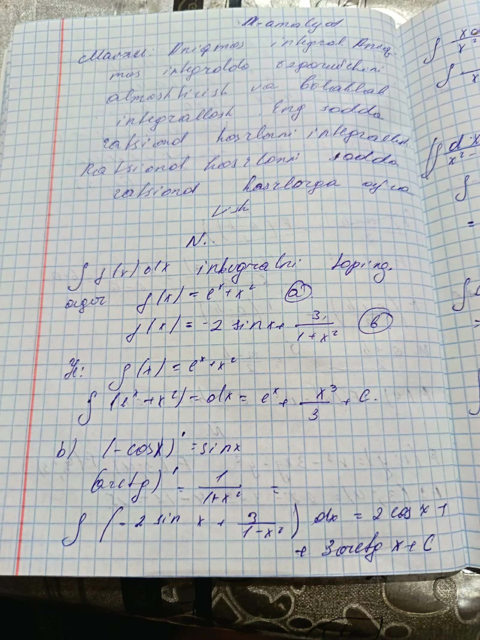 Aniqmas integralga oid misollar javobi bilan birga 1