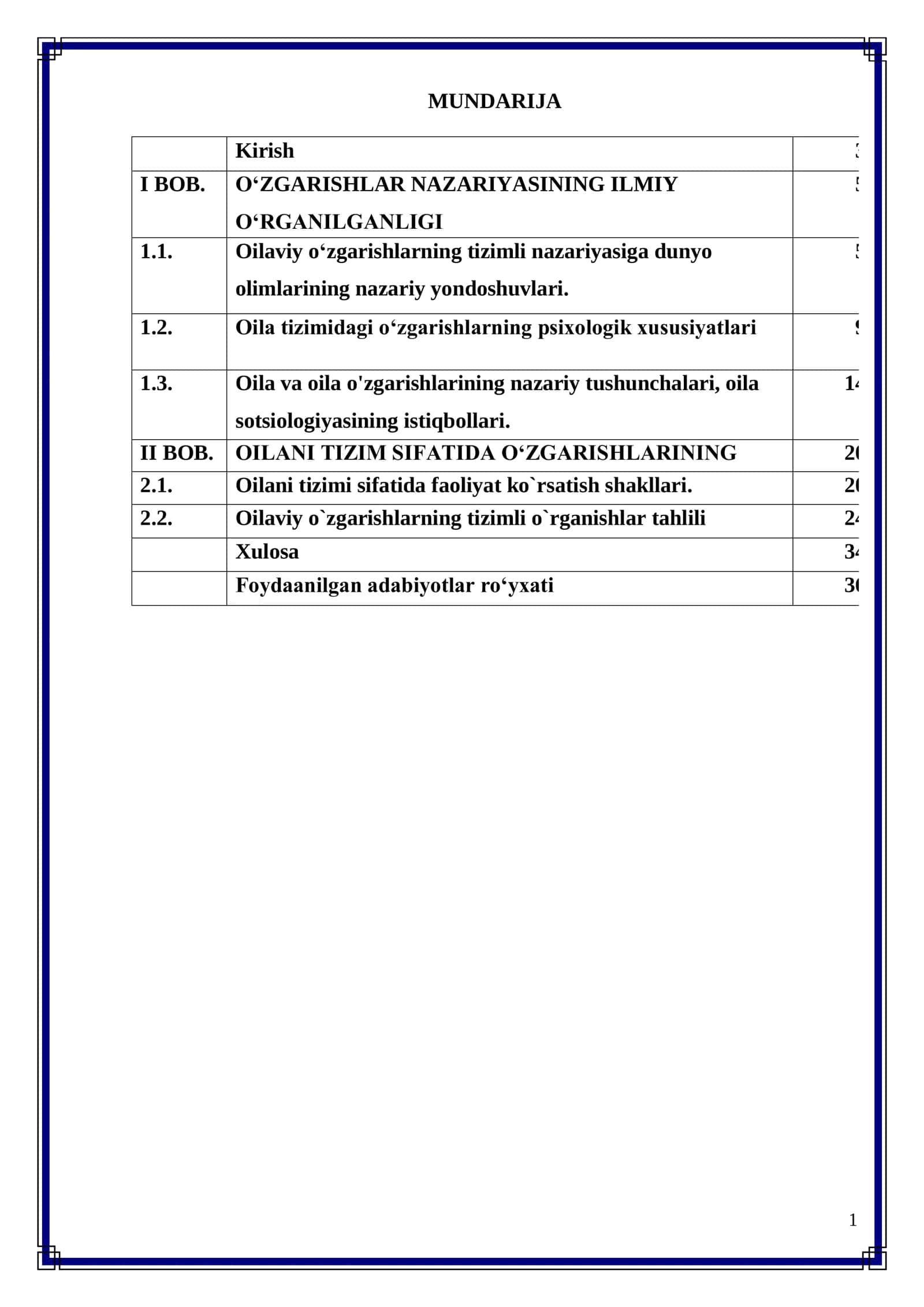 Oila tizimi sifatida o'zgarishlarining 1