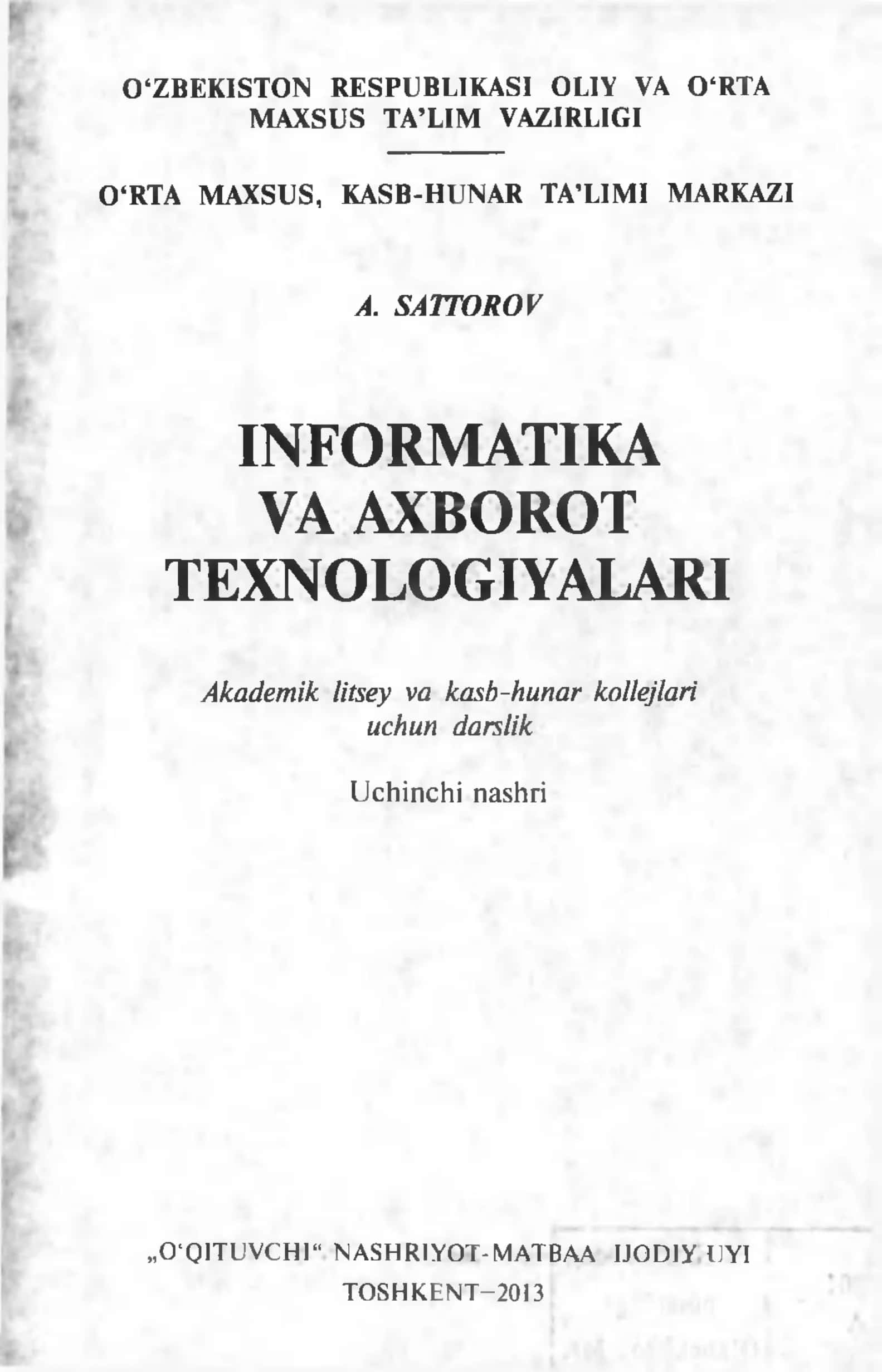 INFORMATIKA VA AXBOROT TEXNOLOGIYALARI 1
