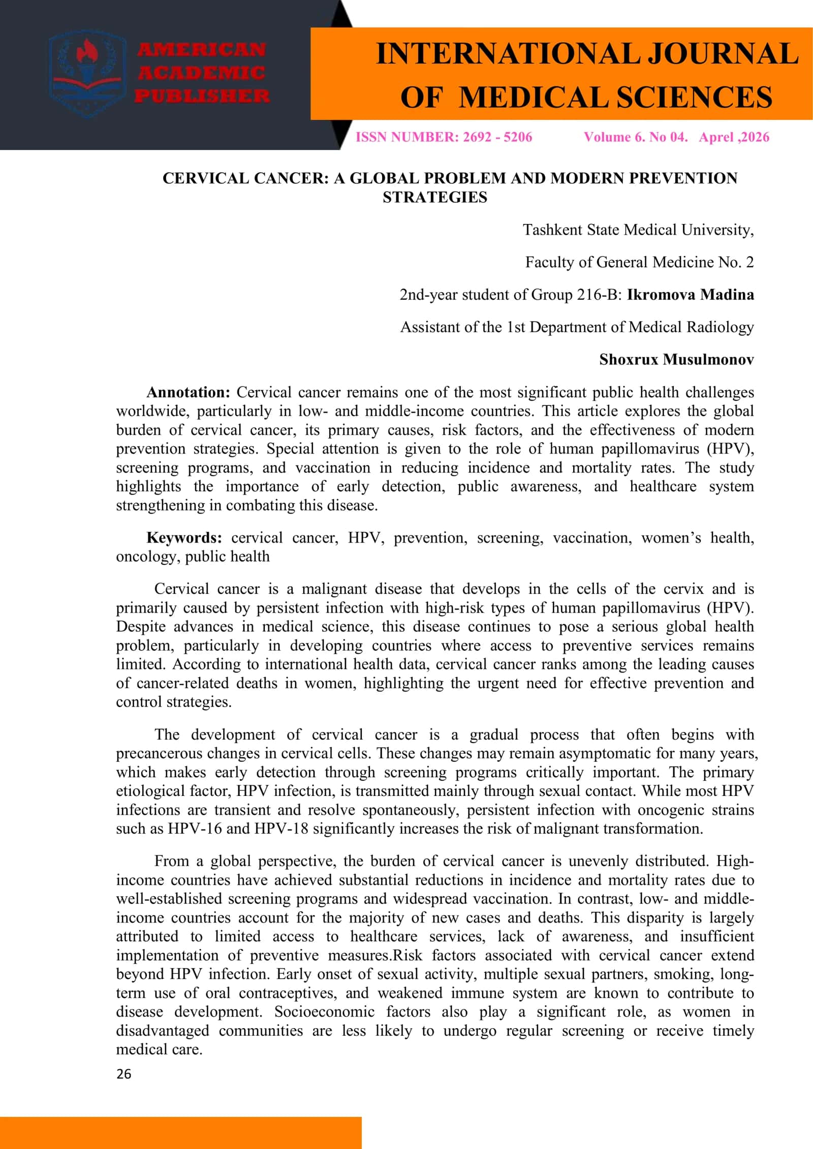 CERVICAL CANCER: A GLOBAL PROBLEM AND MODERN PREVENTION STRATEGIES 1