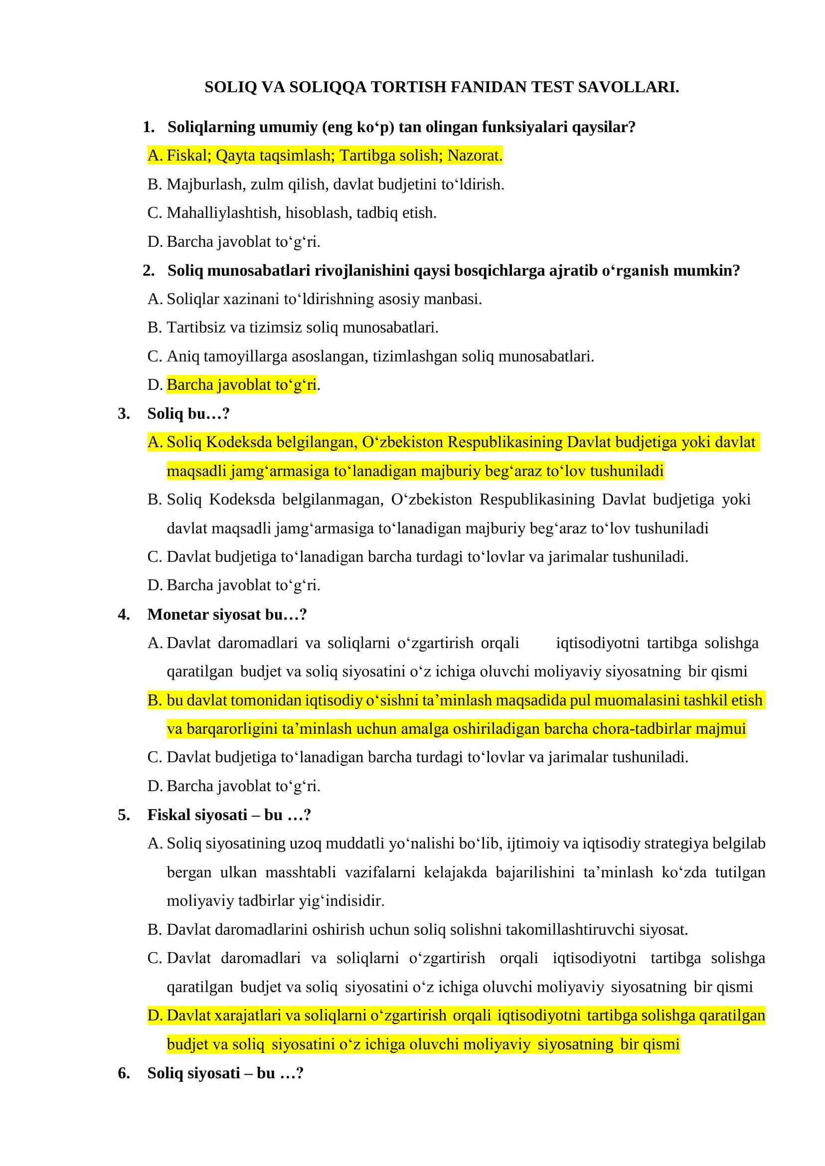 SOLIQ VA SOLIQQA TORTISH FANIDAN TEST SAVOLLARI 1