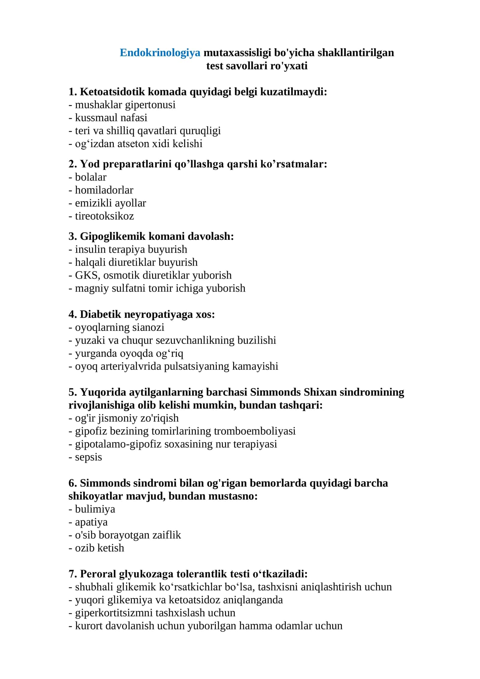 Endokrinologiya mutaxassisligi bo'yicha test savollari 1