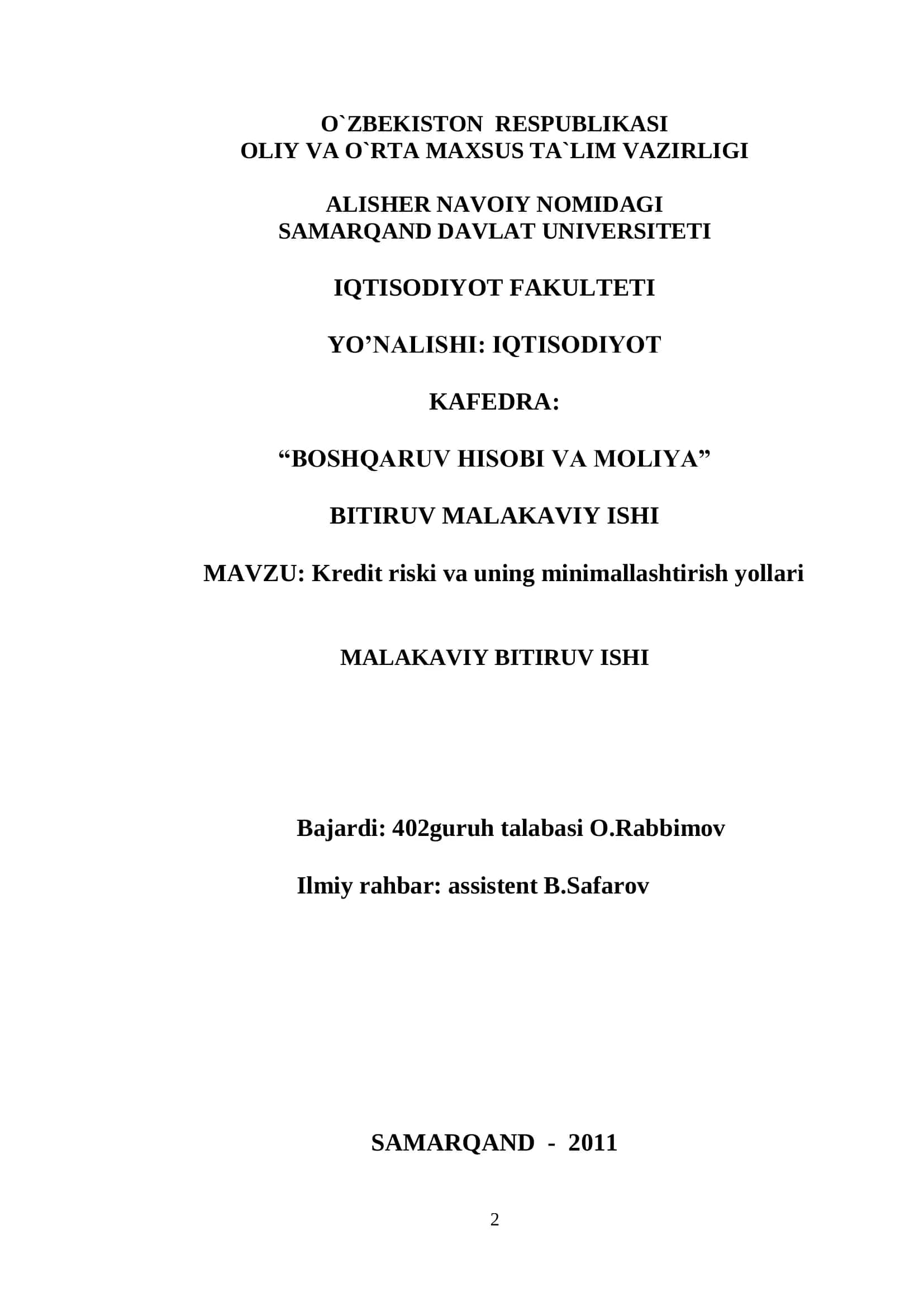 Kredit riski va uning minimallashtirish yollari 1