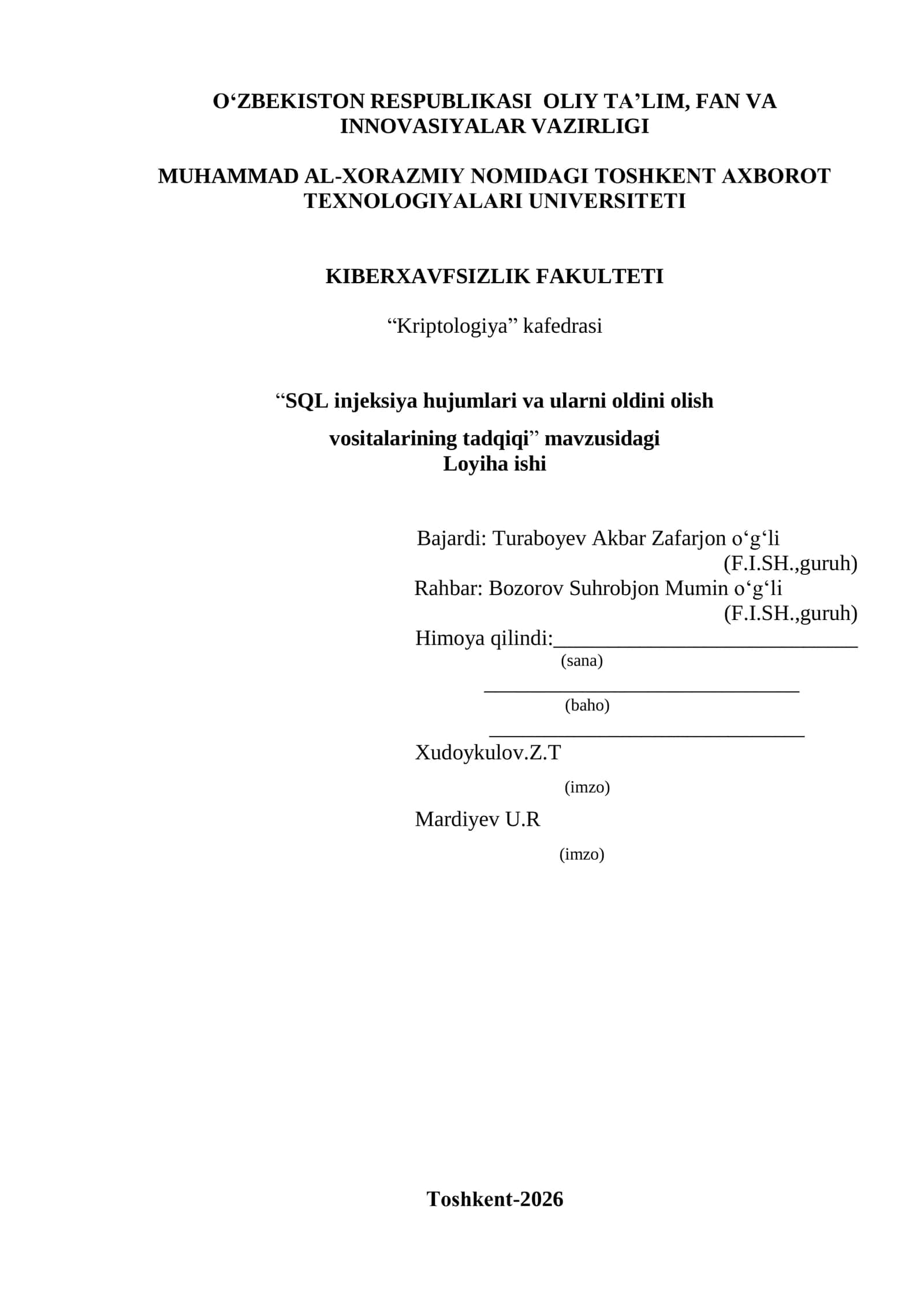 SQL injeksiya hujumlari va ularni oldini olish vositalarining tadqiqi 1