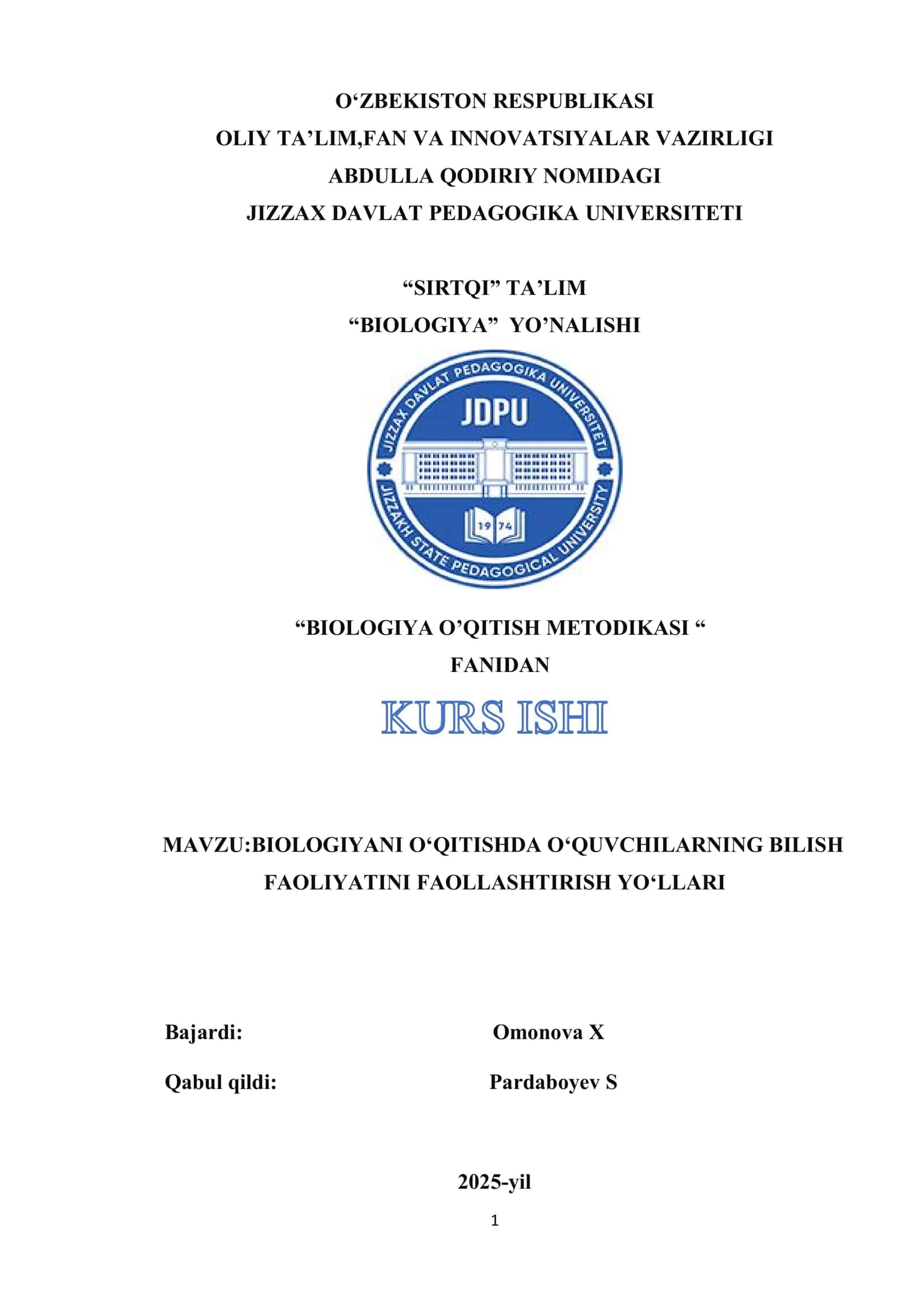 BIOLOGIYA O’QITISH METODIKASI 1