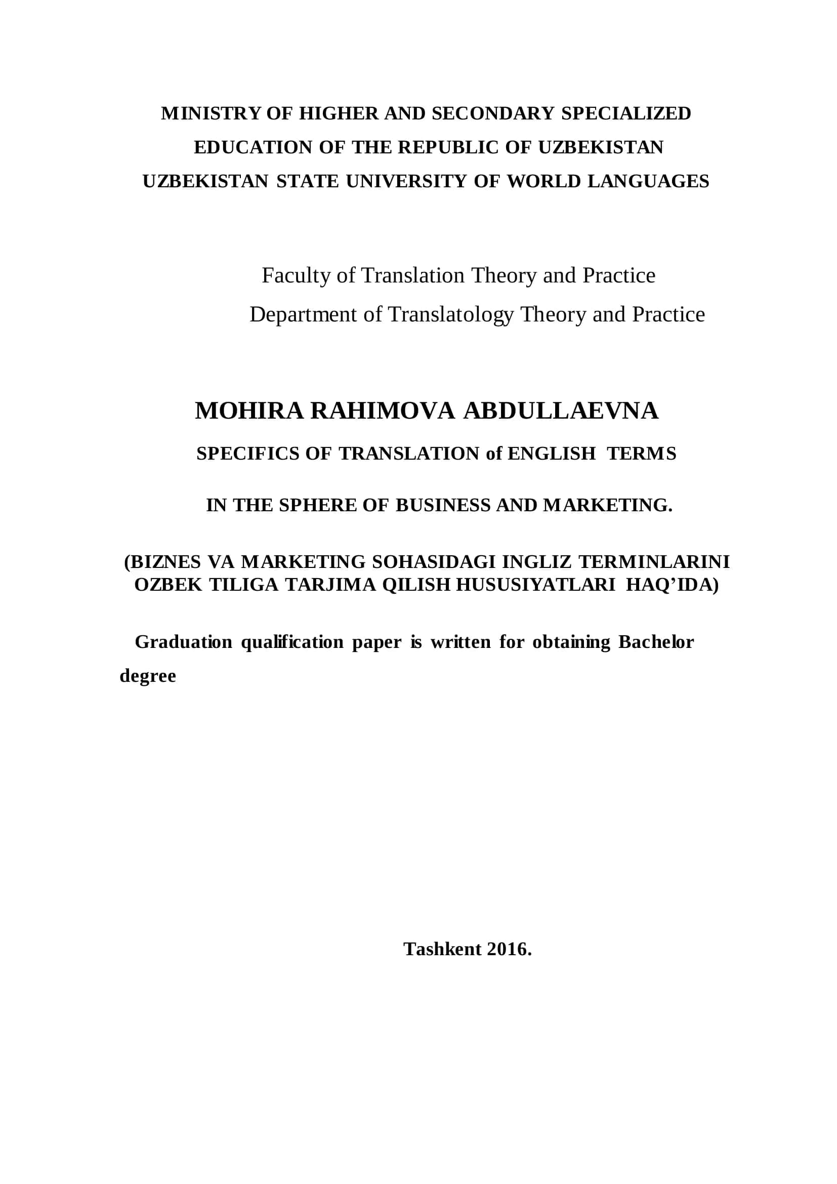 SPECIFICS OF TRANSLATION of ENGLISH TERMS IN THE SPHERE OF BUSINESS AND MARKETING 1