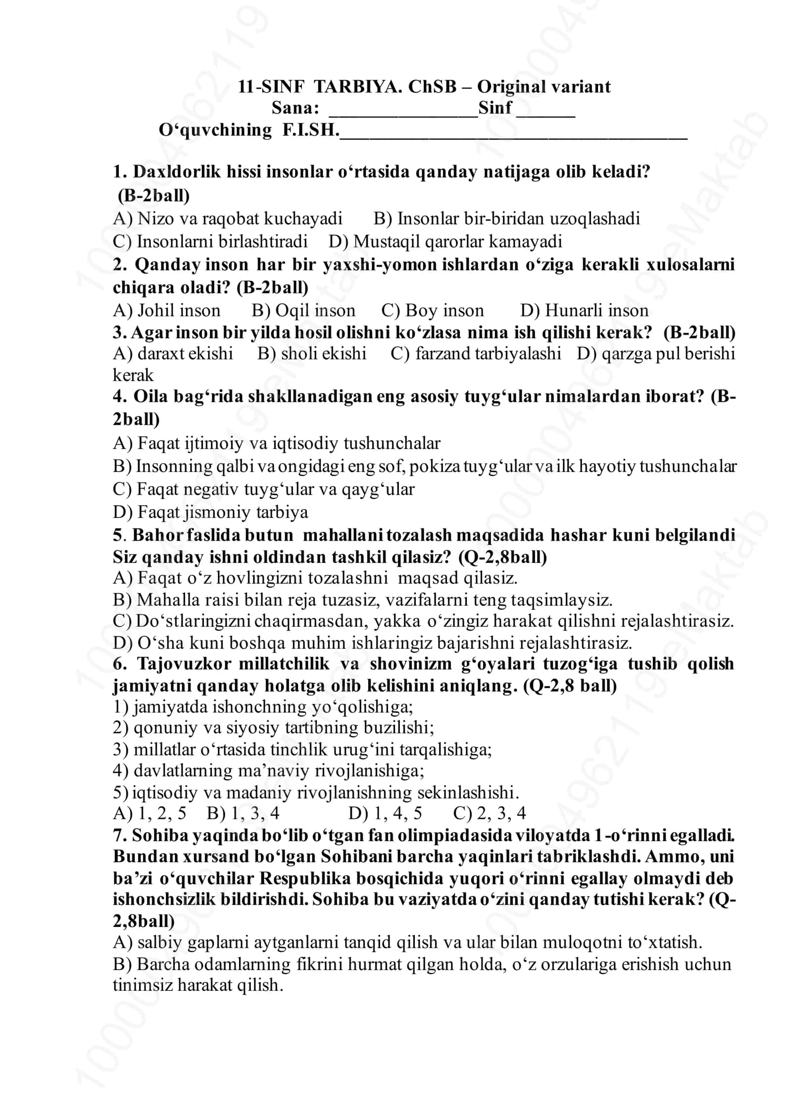 11-SINF TARBIYA. ChSB – Original variant 1