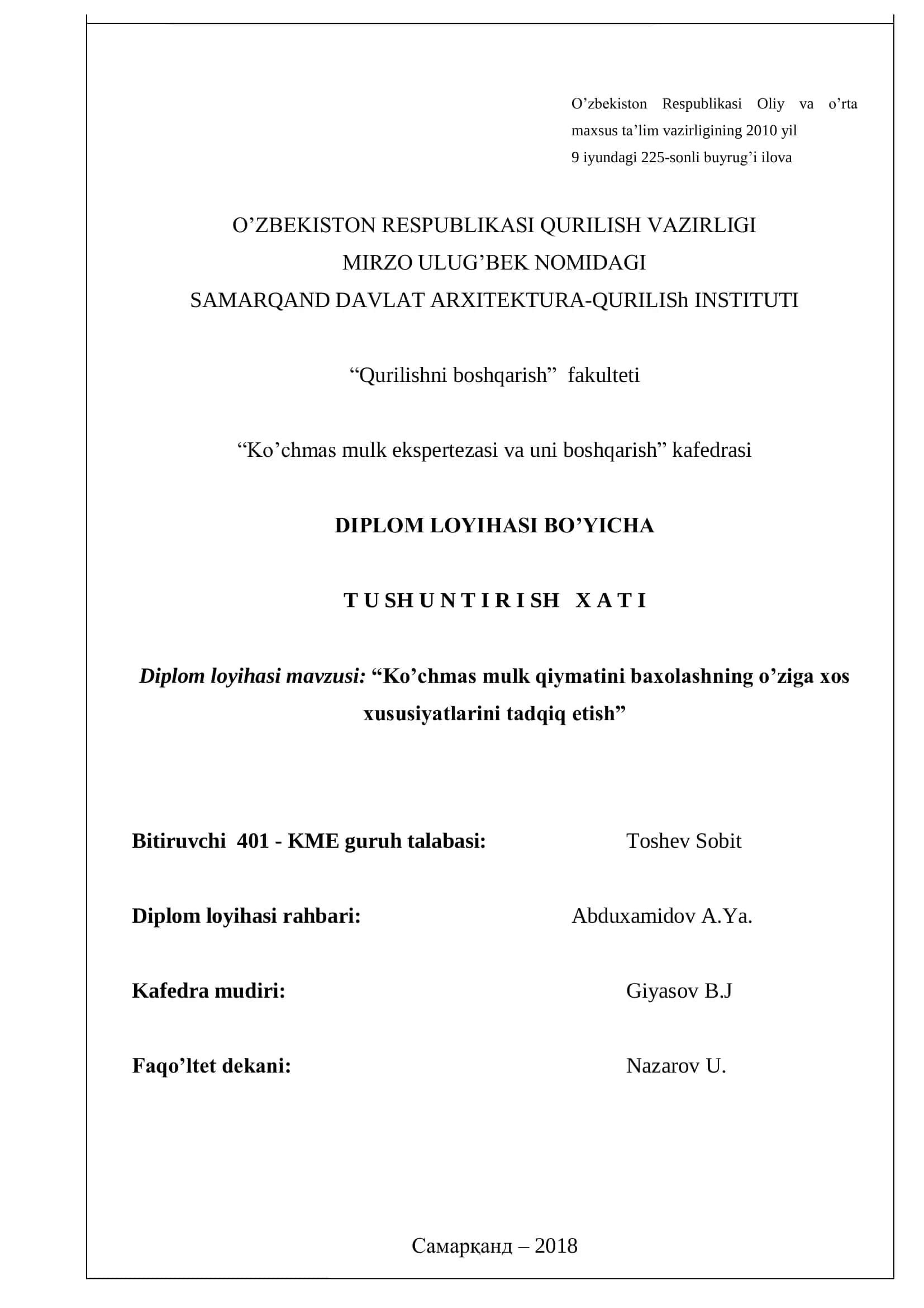 Ko'chmas mulk ekspertizasi va uni boshqarish 1