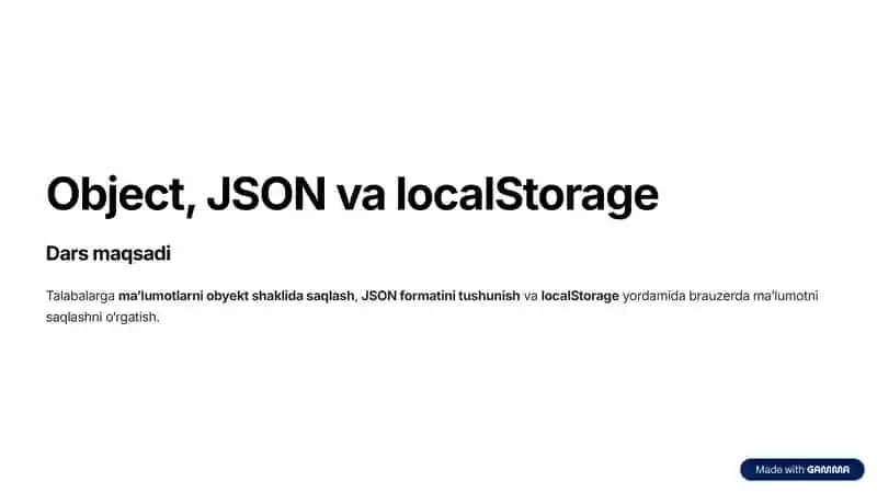 JavaScriptda Object, JSON va localStorage