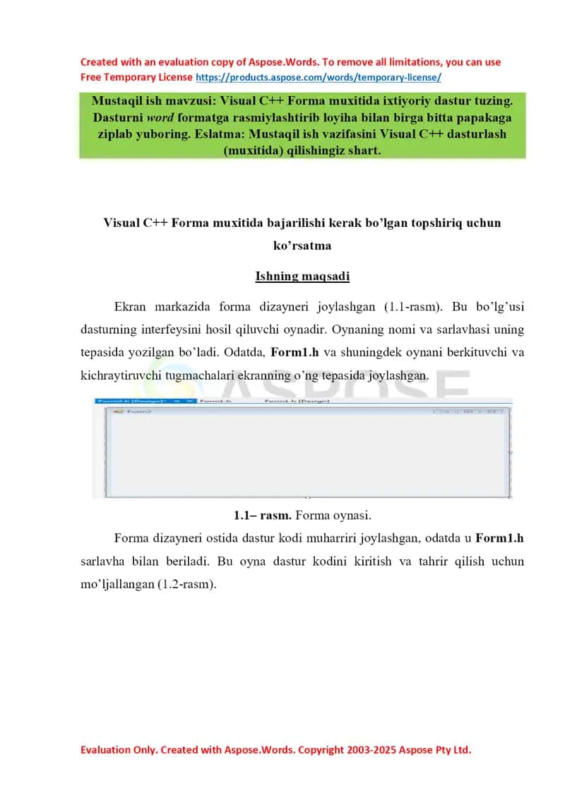 Visual C++ Forma muhitida dastur tuzish uchun mustaqil ish 1