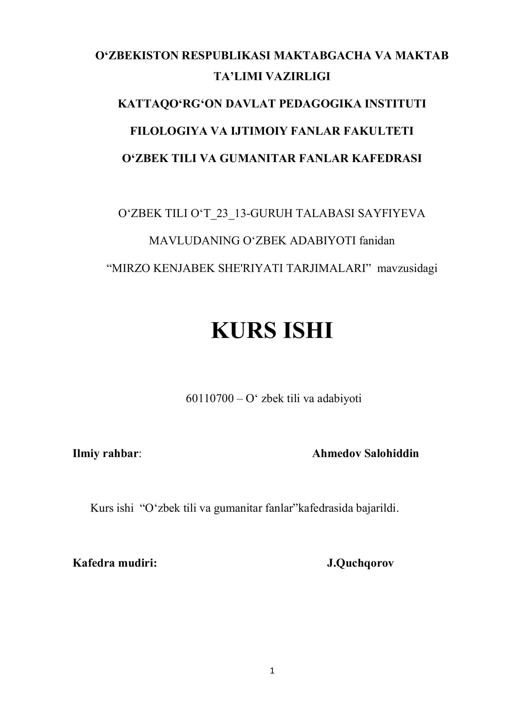 "MIRZO KENJABEK SHE'RIYATI TARJIMALARI" 1