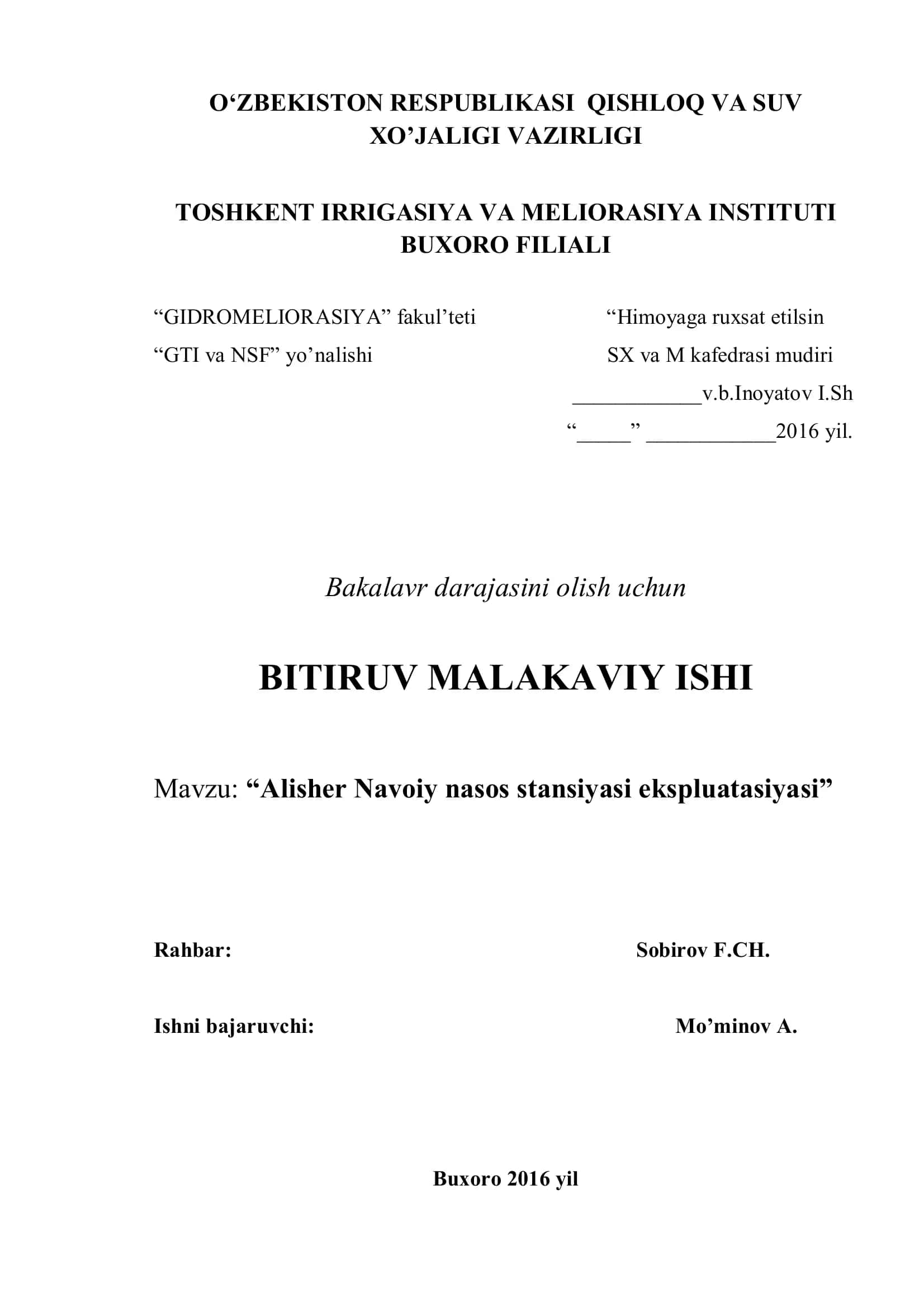 Alisher Navoiy nasos stansiyasi ekspluatasiyasi 1