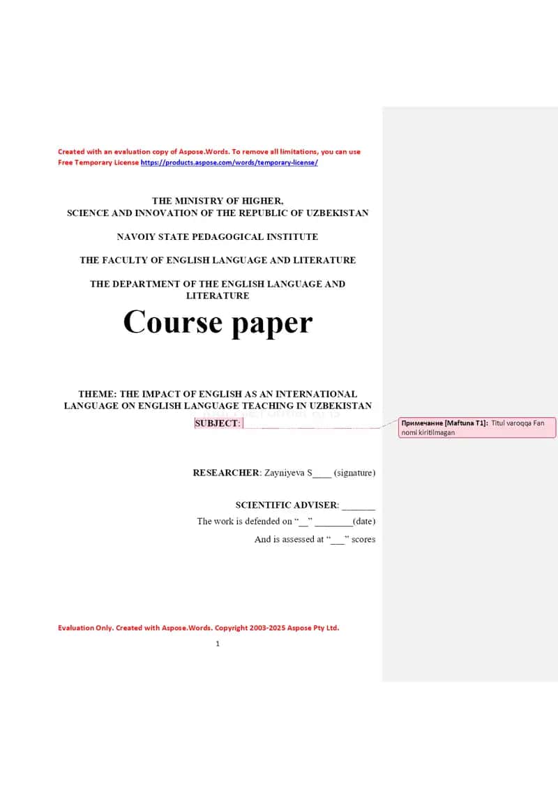 The Impact of English as an International Language on English Language Teaching in Uzbekistan 1