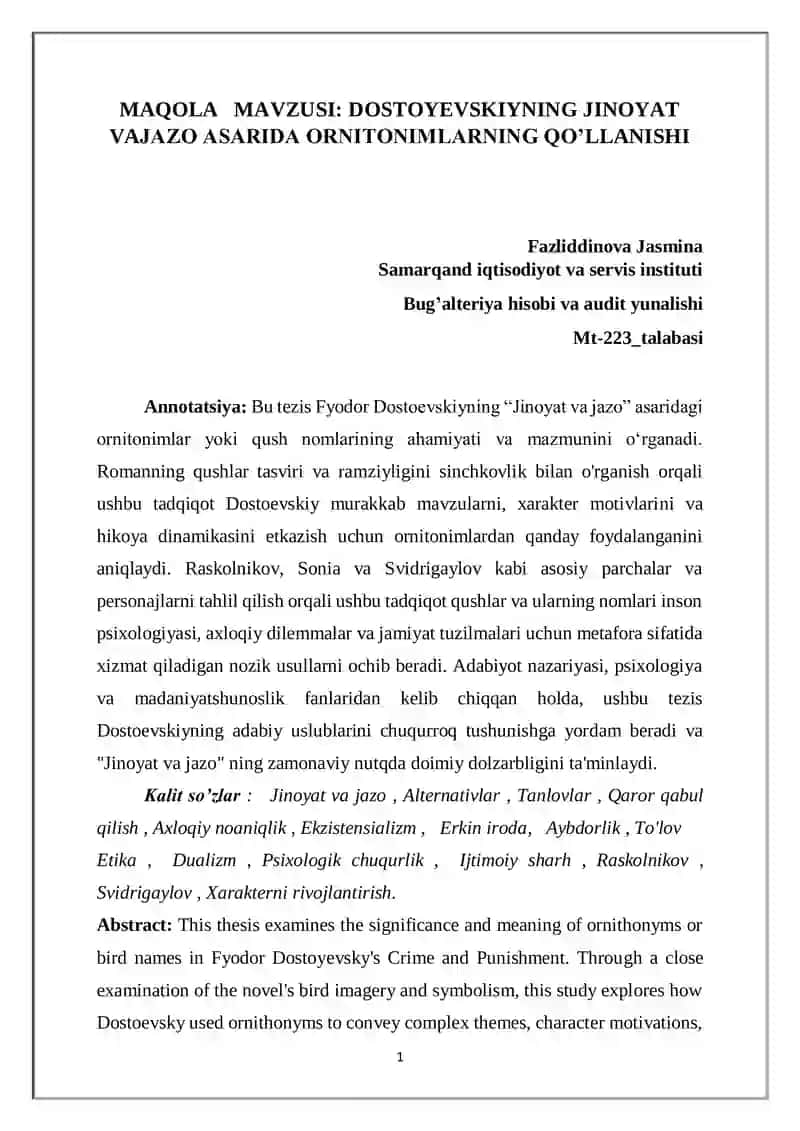 DOSTOYEVSKIYNING JINOYAT VAJAZO ASARIDA ORNITONIMLARNING QO’LLANISHI