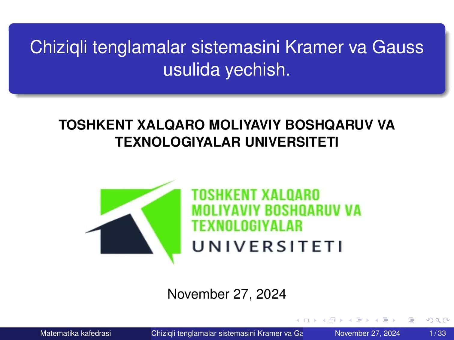 Chiziqli tenglamalar sistemasini Kramer va Gauss usulida yechish 1