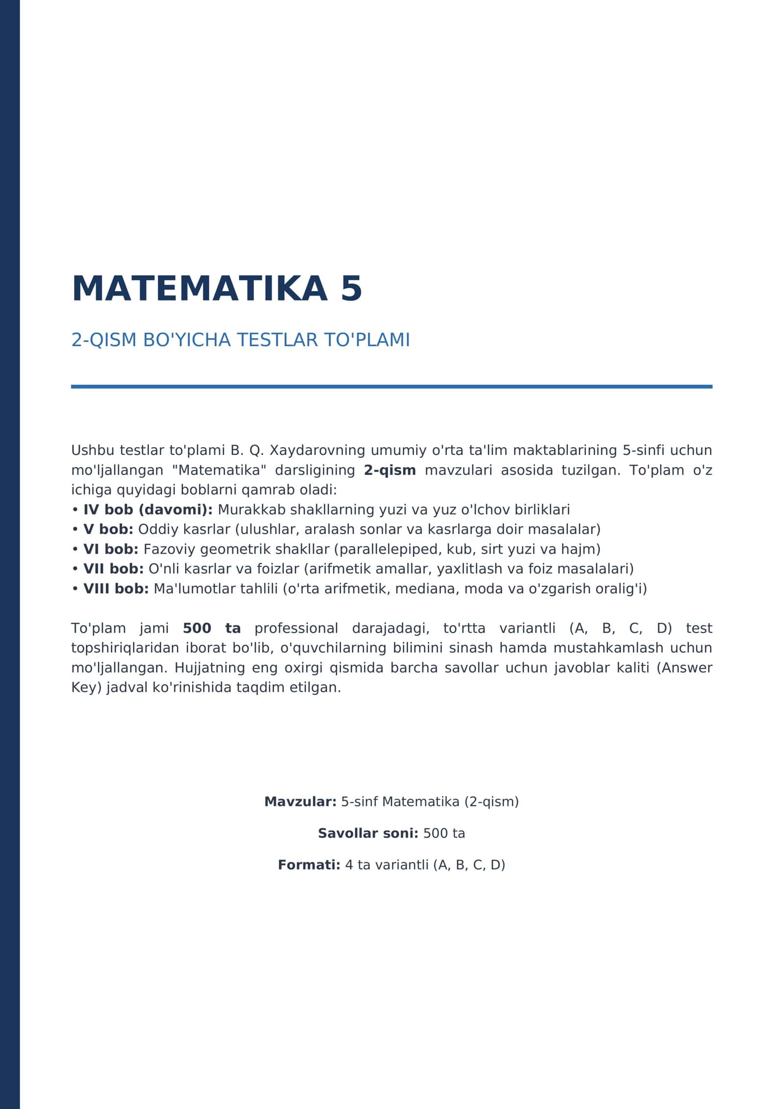 5-SINF MATEMATIKA 2-QISM — 500 TA TEST | JAVOBLARI BILAN | PDF 1