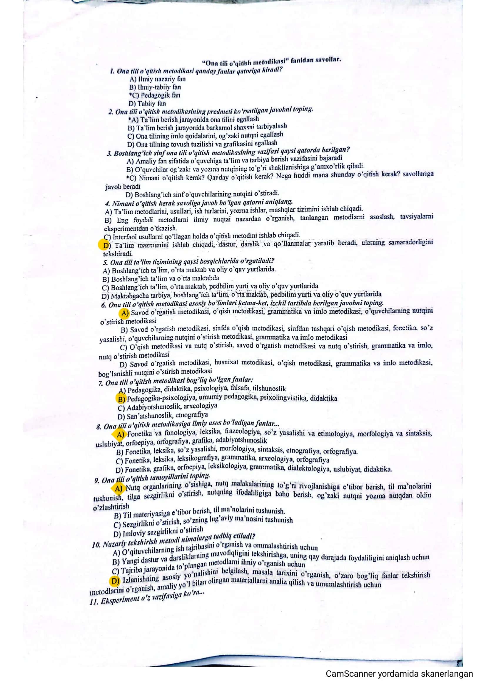 Boshlangʻich taʼlimdan test savollari va javoblari bilan 1