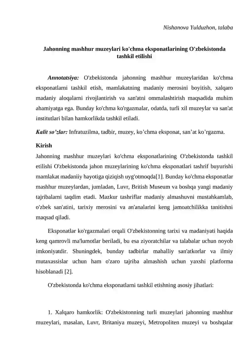 Jahonning mashhur muzeylari ko'chma eksponatlarining O'zbekistonda tashkil etilishi
