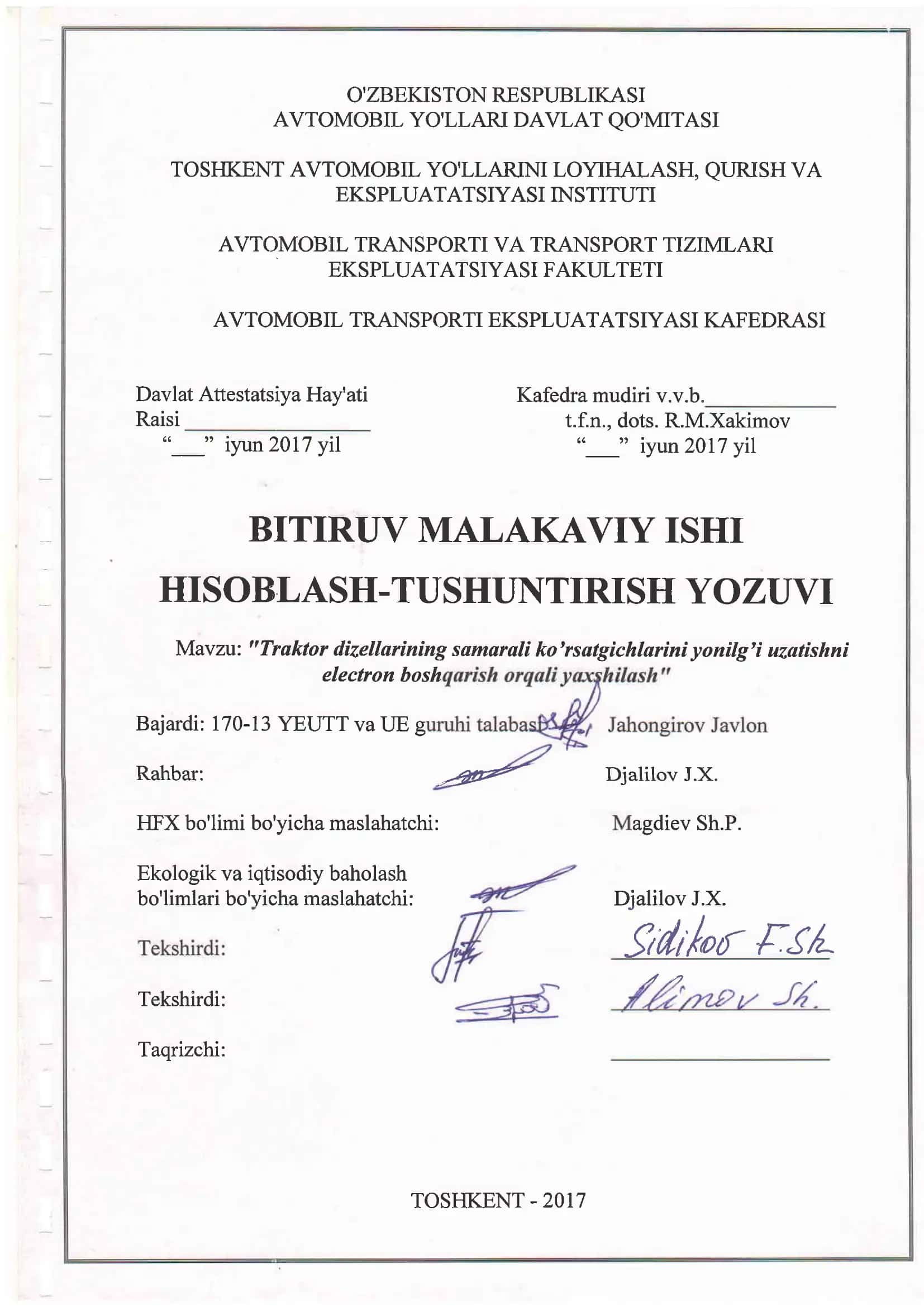 Traktor dizellarining samarali ko'rsatgichlarini yonilg'i uzatishni electron bosh 1