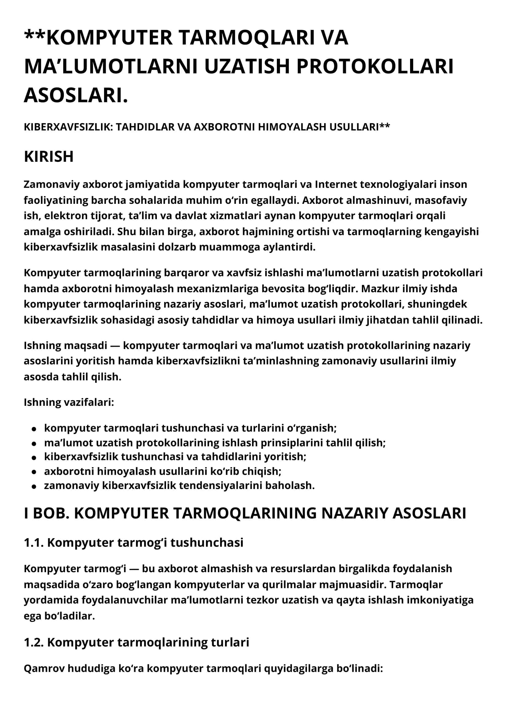 KOMPYUTER TARMOQLARI VA MA’LUMOTLARNI UZATISH PROTOKOLLARI ASOSLARI 1