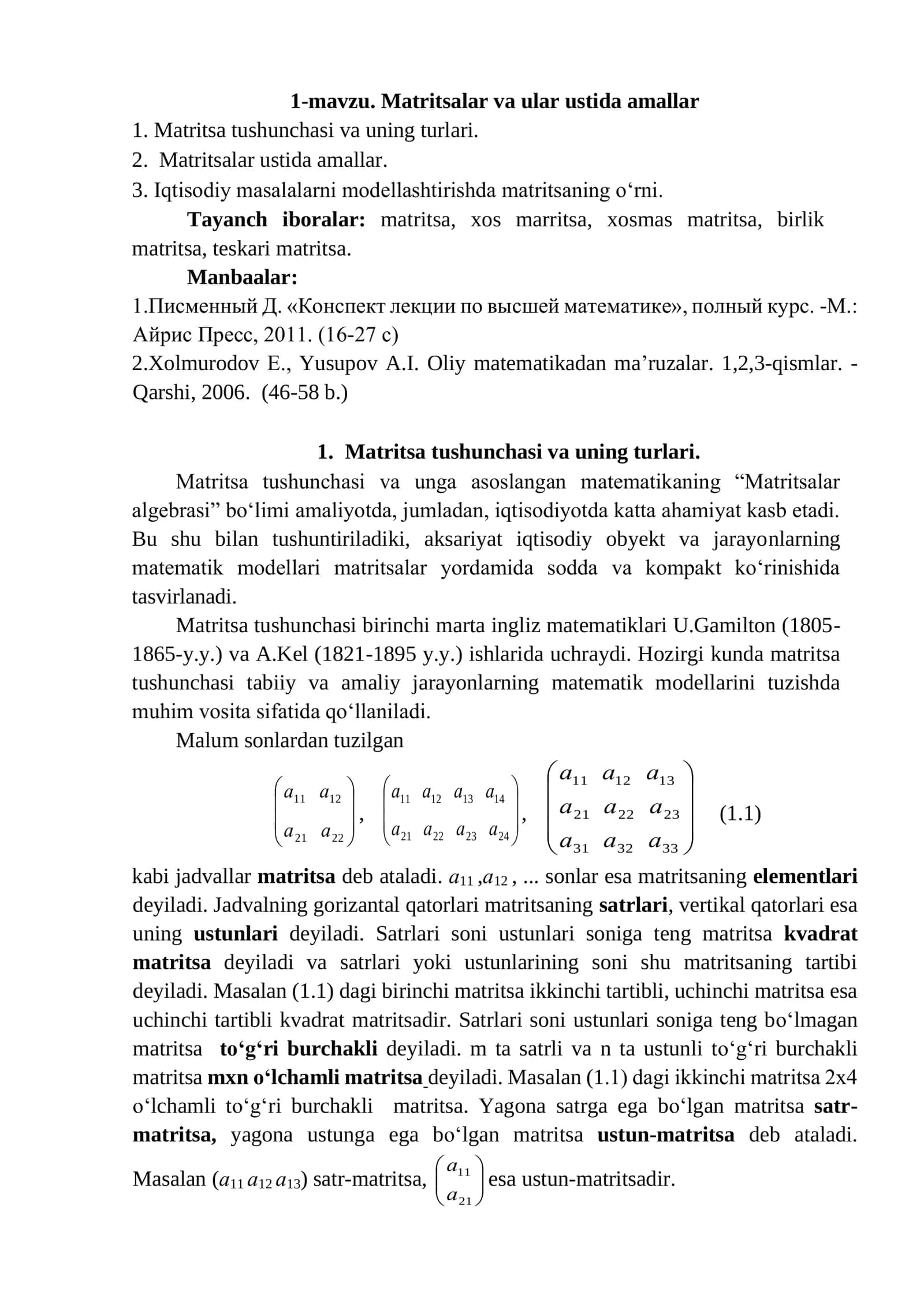 Matritsalar va ular ustida amallar 1