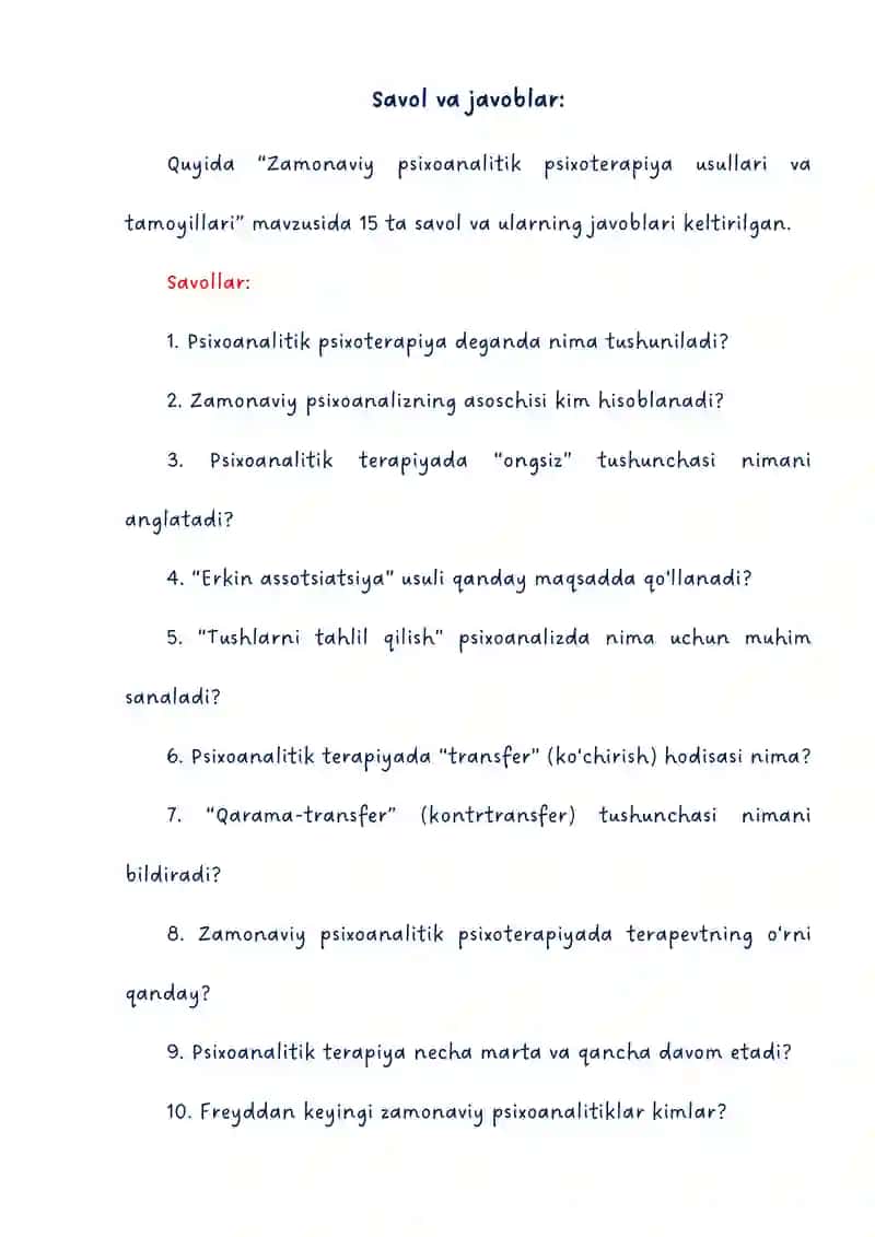 Zamonaviy psixoanalitik psixoterapiya usullari va tamoyillari