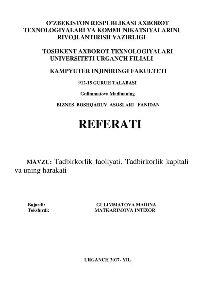 Tadbirkorlik faoliyati. Tadbirkorlik kapitali va uning harakati