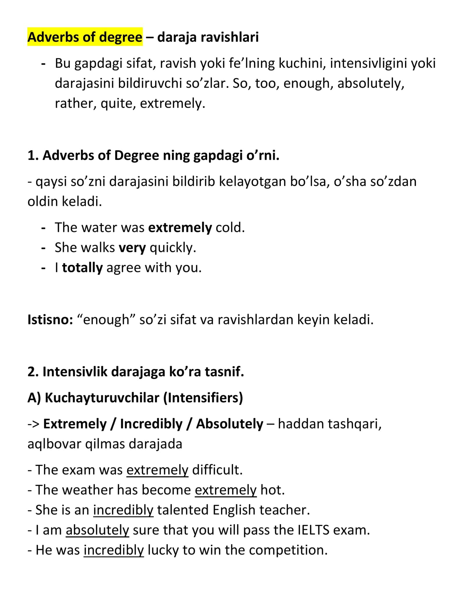 Adverbs of degree – daraja ravishlari 1