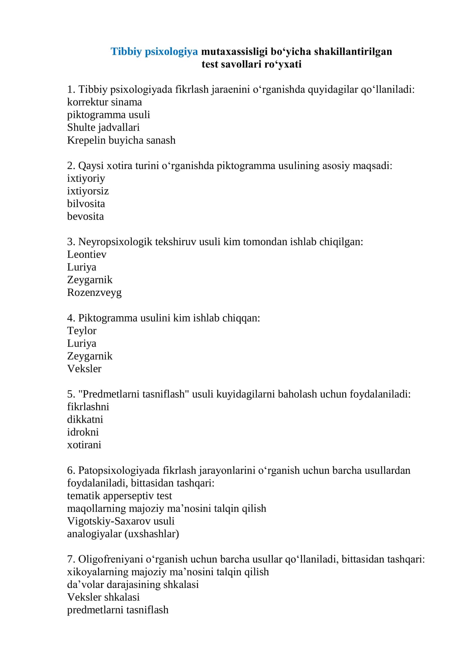Tibbiy psixologiya test savollari 2026 1