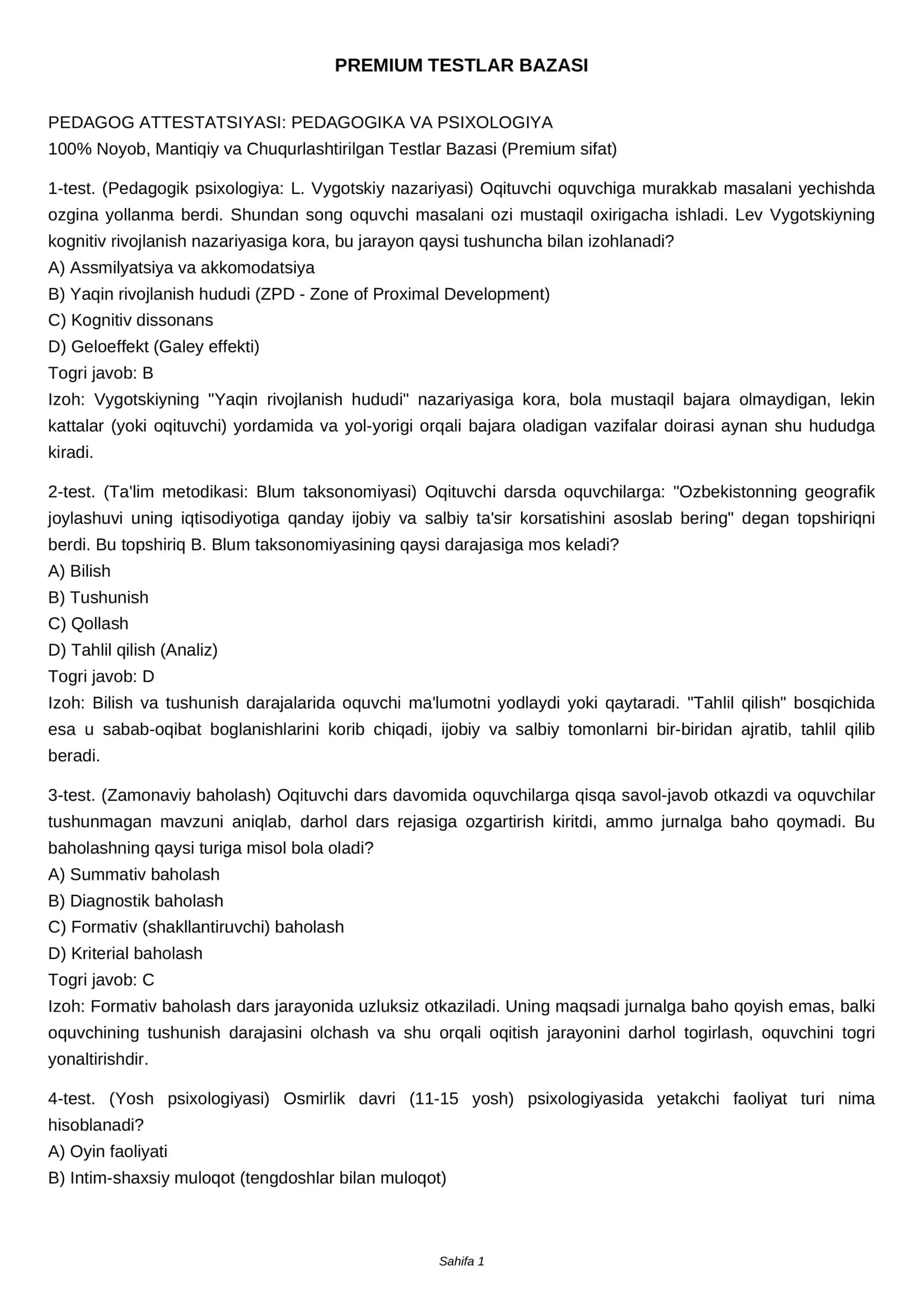 PREMIUM TESTLAR BAZASI 1