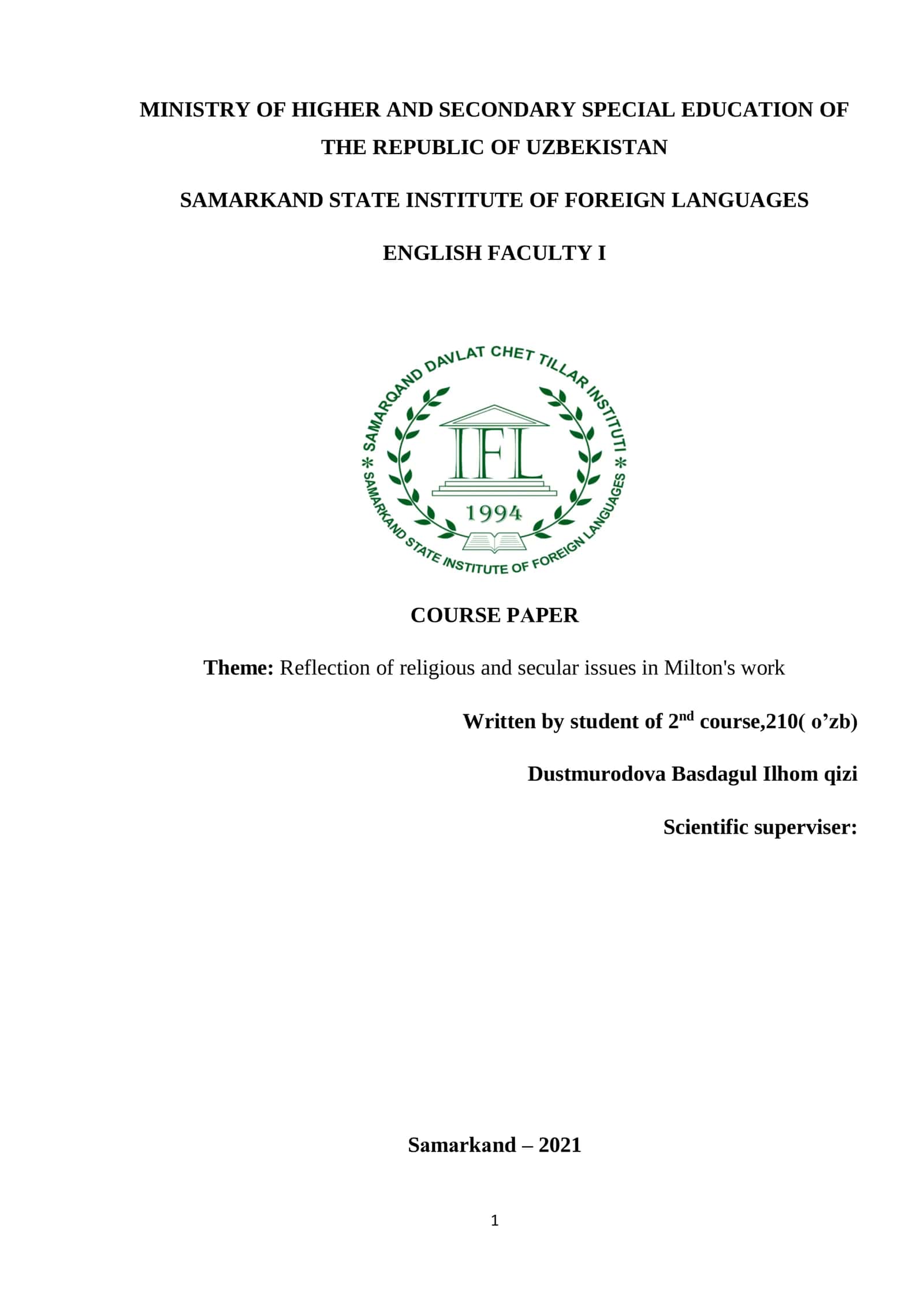 Course Paper on Reflection of Religious and Secular Issues in Milton's Work 1