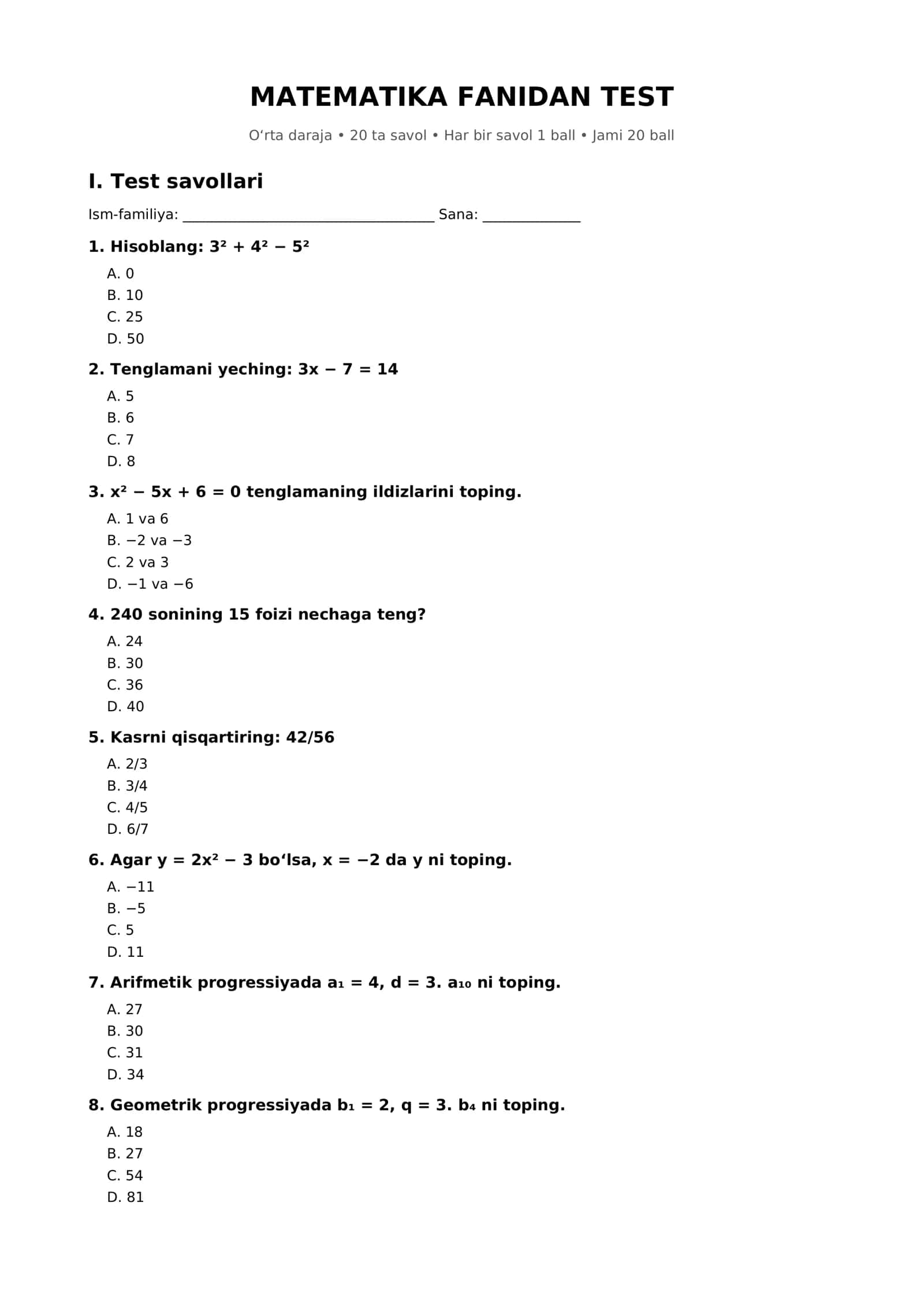 MATEMATIKA FANIDAN TEST 1