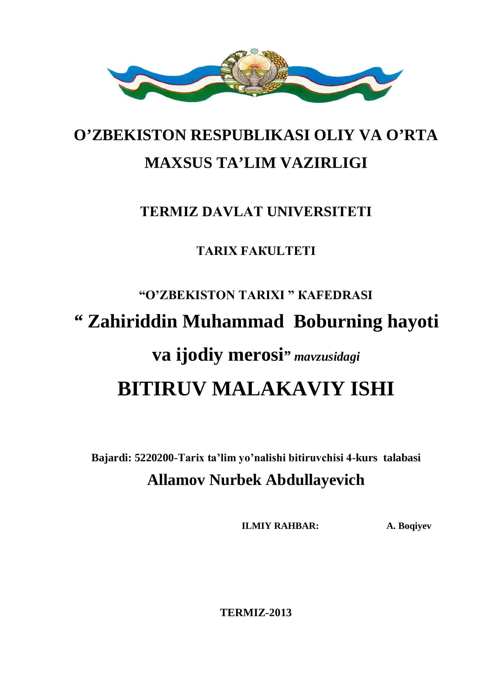 Zahiriddin Muhammad Boburning hayoti va ijodiy merosi 1