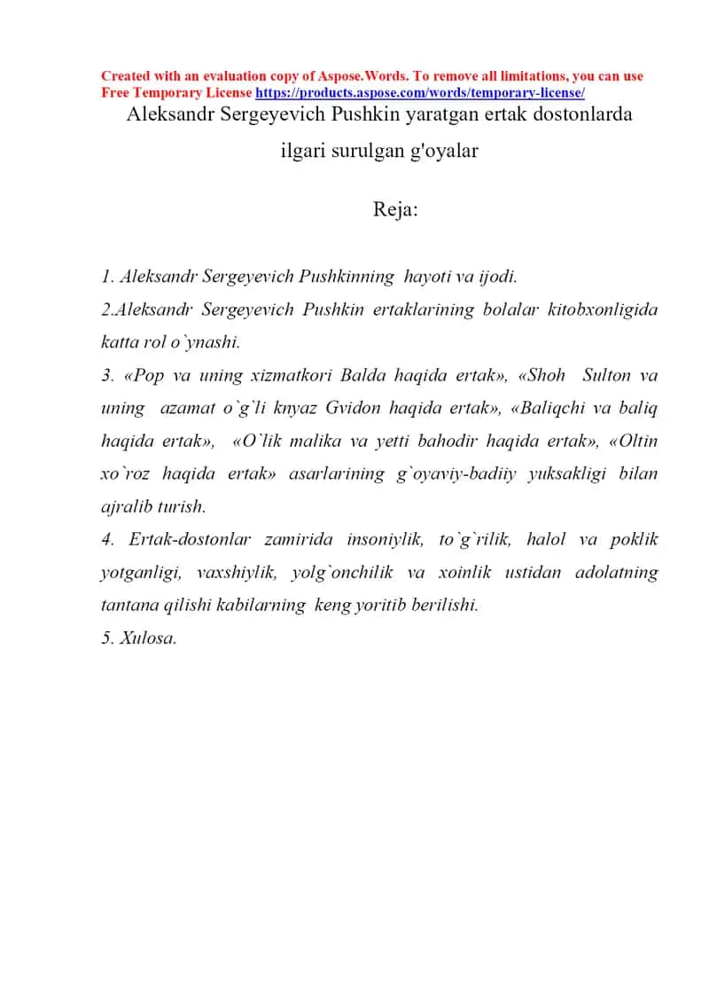 Aleksandr Sergeyevich Pushkin yaratgan ertak dostonlarda ilgari surulgan g'oyalar 1