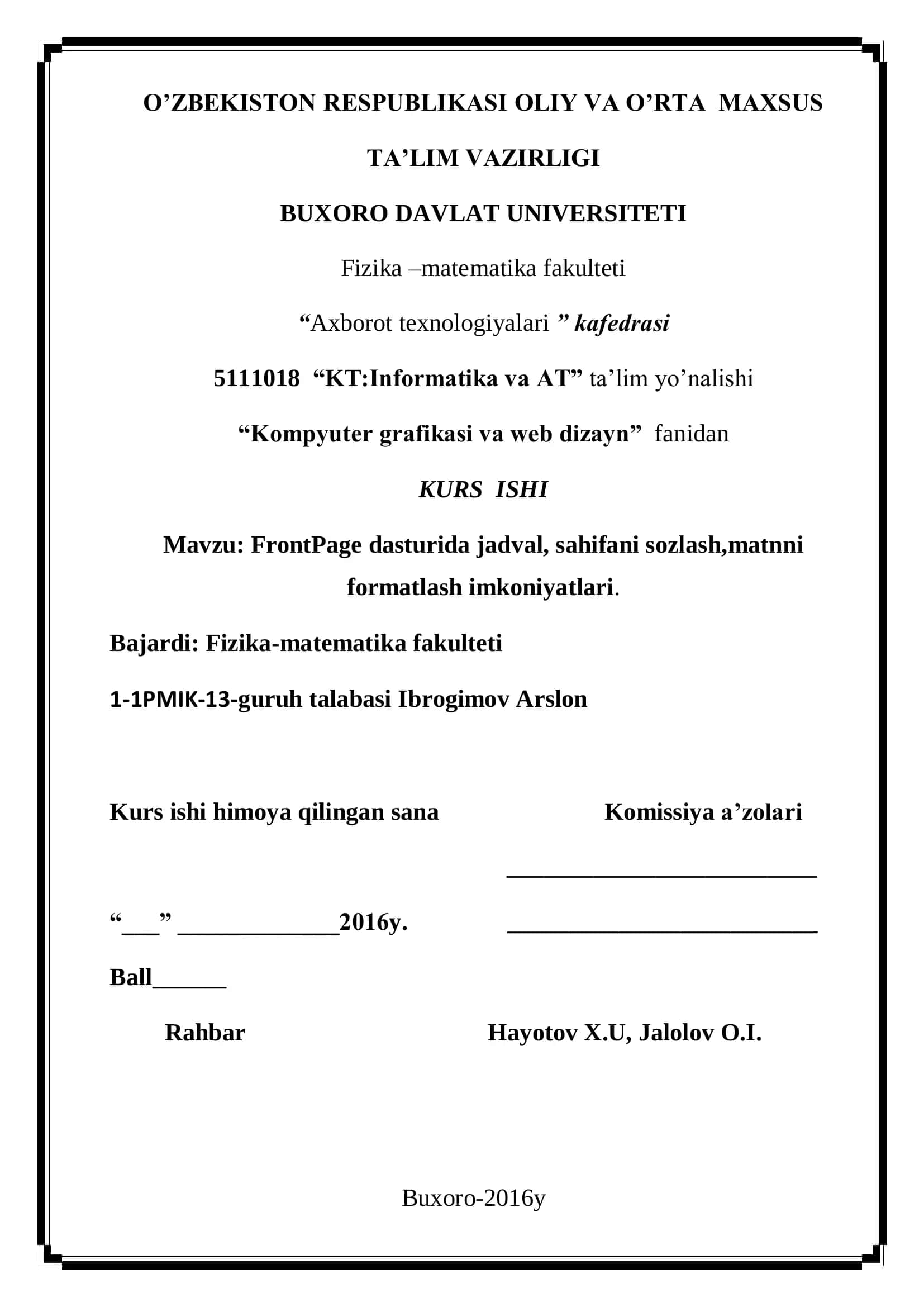 FrontPage dasturida jadval, sahifani sozlash, matnni formatlash imkoniyatlari 1