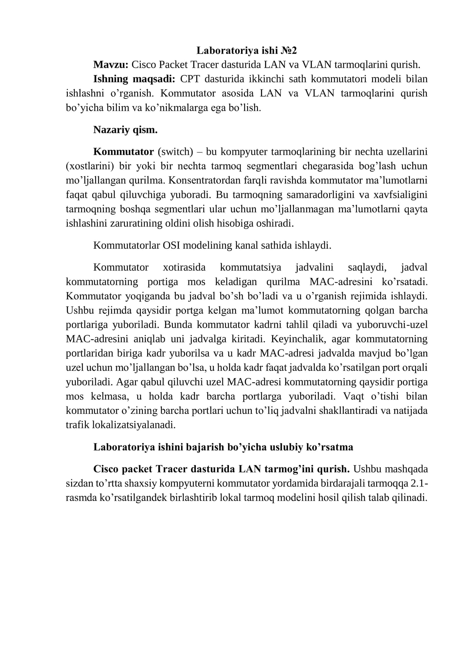 Cisco Packet Tracer dasturida LAN va VLAN tarmoqlarini qurish. 1