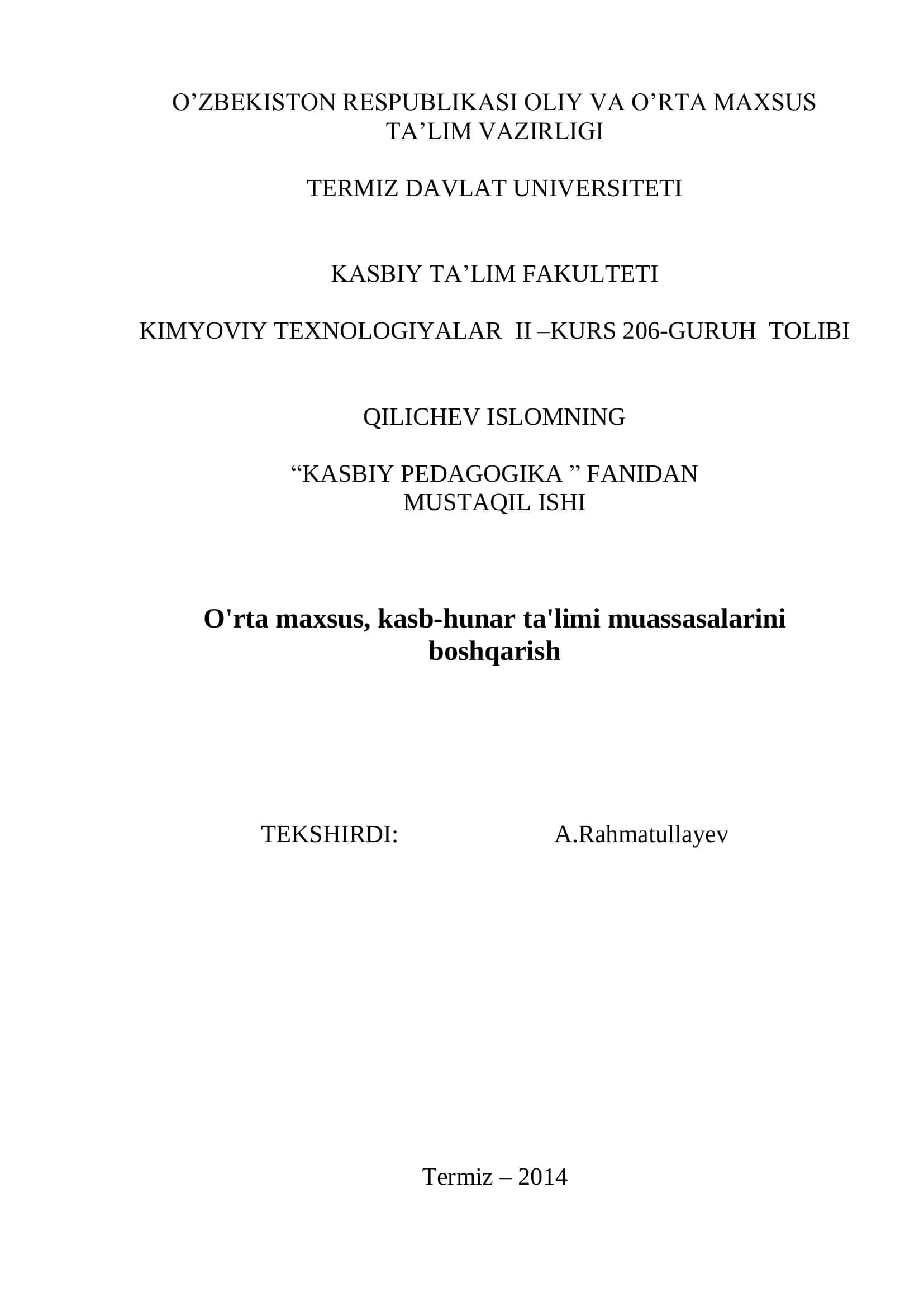 O'RTA MAXSUS, KASB-HUNAR TA'LIMI MUASSASALARINI BOSHQARISH 1