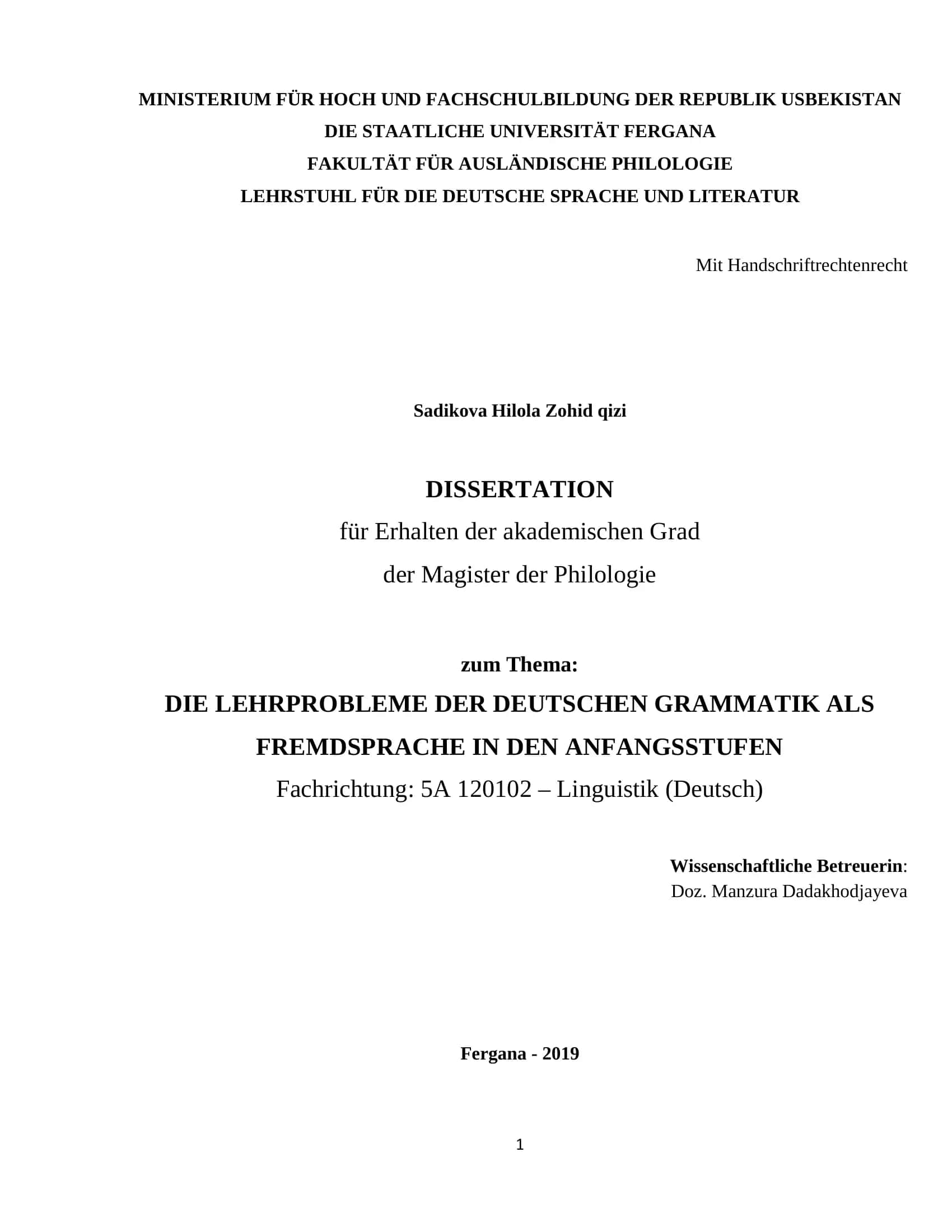 DISSERTATION: DIE LEHRPROBLEME DER DEUTSCHEN GRAMMATIK ALS FREMDSPRACHE IN DEN ANFANGSSTUFEN 1