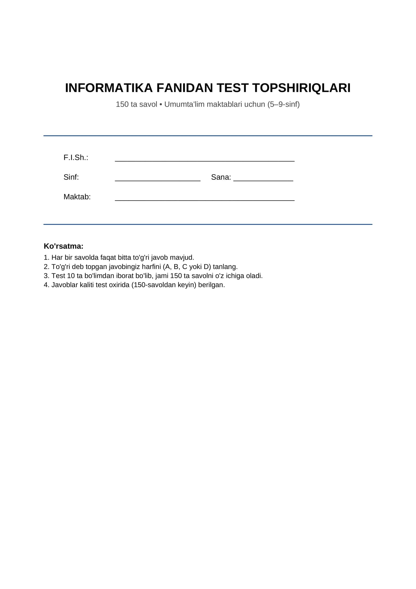 INFORMATIKA FANIDAN TEST TOPSHIRIQLARI 1