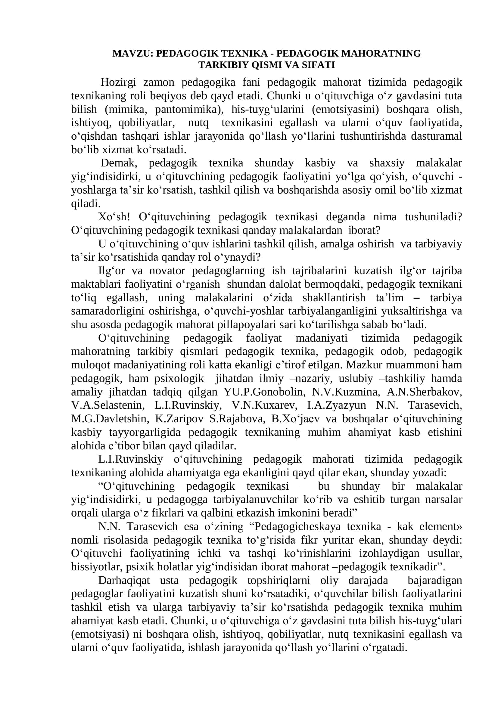PEDAGOGIK TEXNIKA - PEDAGOGIK MAHORATNING 1