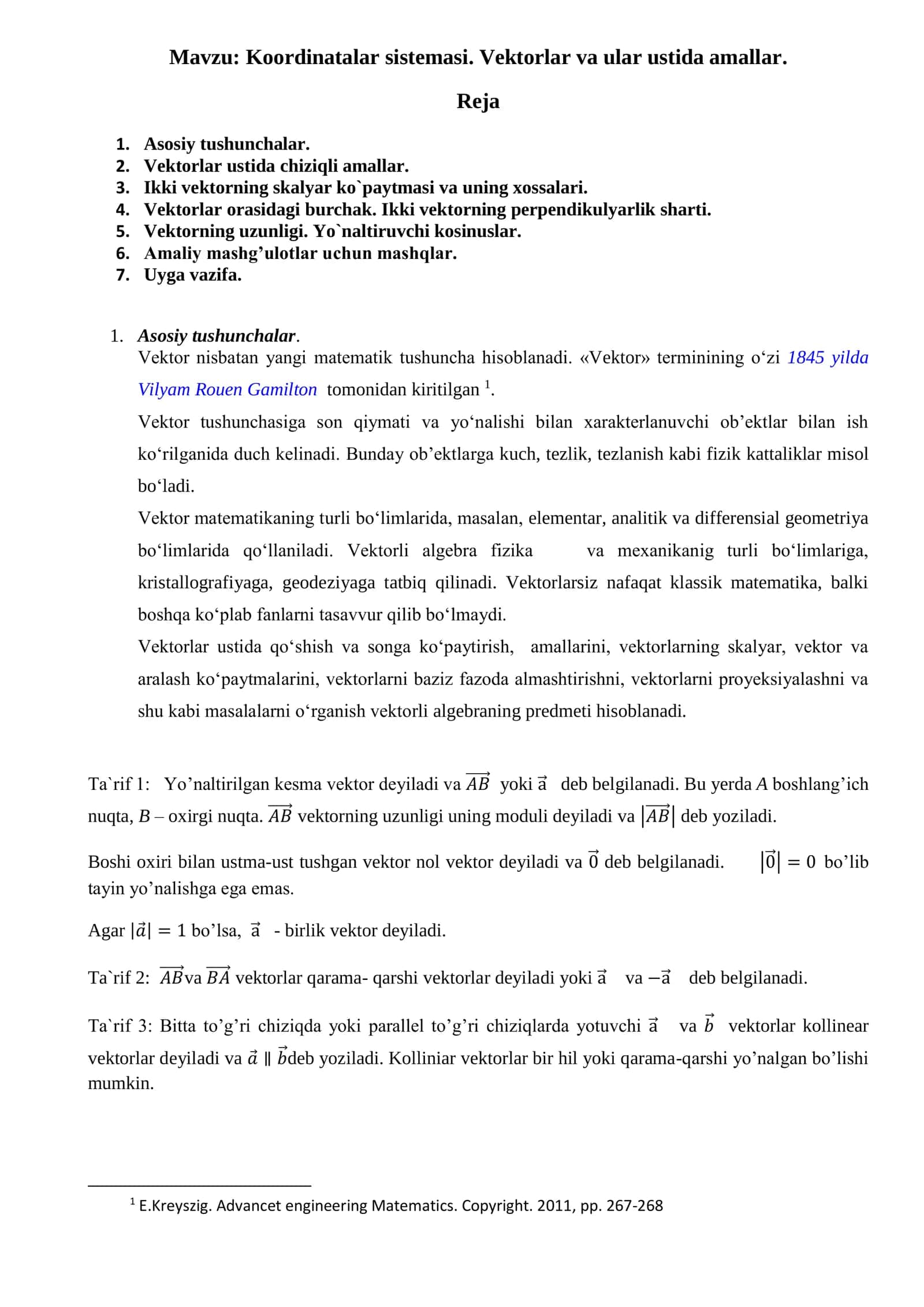 Koordinatalar sistemasi. Vektorlar va ular ustida amallar 1